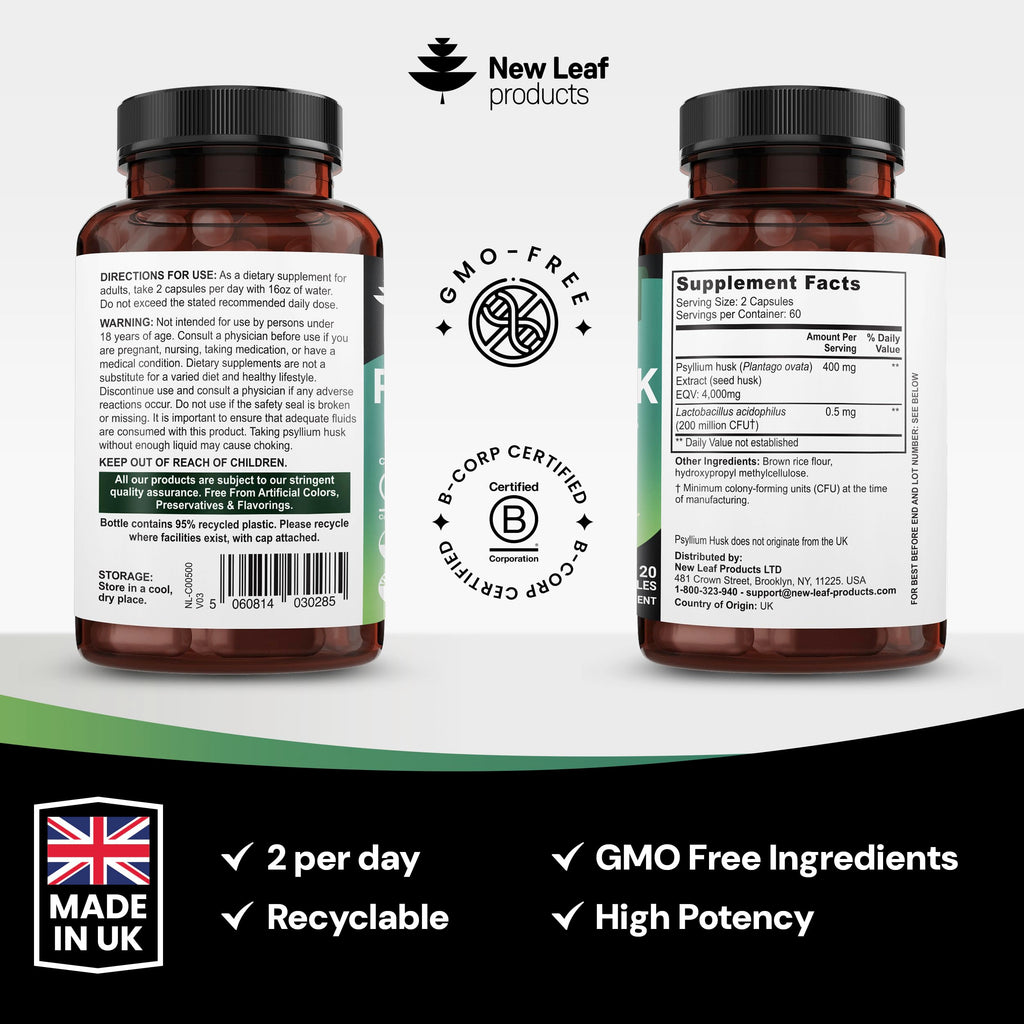 Psyllium Husk Capsules Enriched With Probiotics Fibre Supplement High Absorbency Strength Contributes Towards Gut And Digestive Health from Plantago Ovata Seeds, Ispaghula Husk, Gluten-Free Made in UK