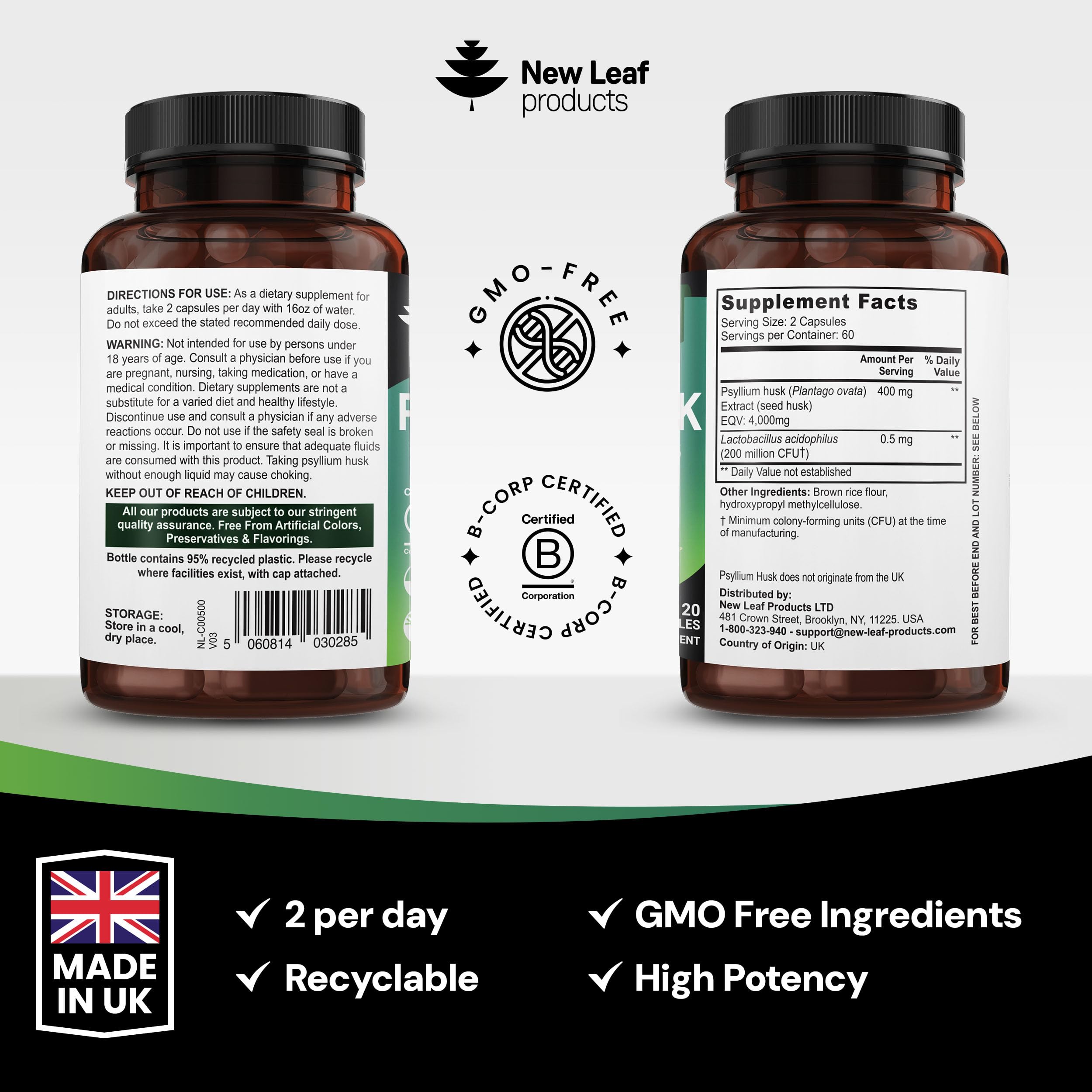 Psyllium Husk Capsules Enriched With Probiotics Fibre Supplement High Absorbency Strength Contributes Towards Gut And Digestive Health from Plantago Ovata Seeds, Ispaghula Husk, Gluten-Free Made in UK