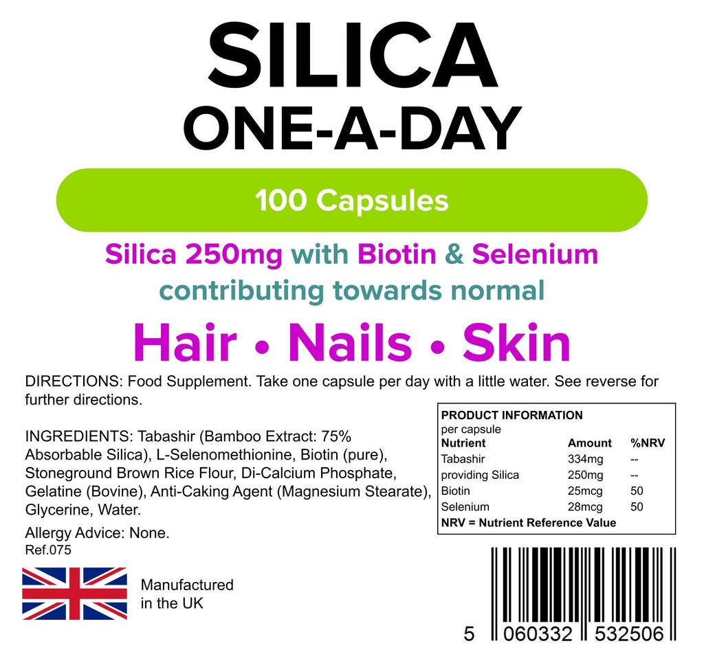 Silica; 250mg; 100 Capsules 1 a day, for Hair and Nails - adds strength and shine - super high strength by Lindens