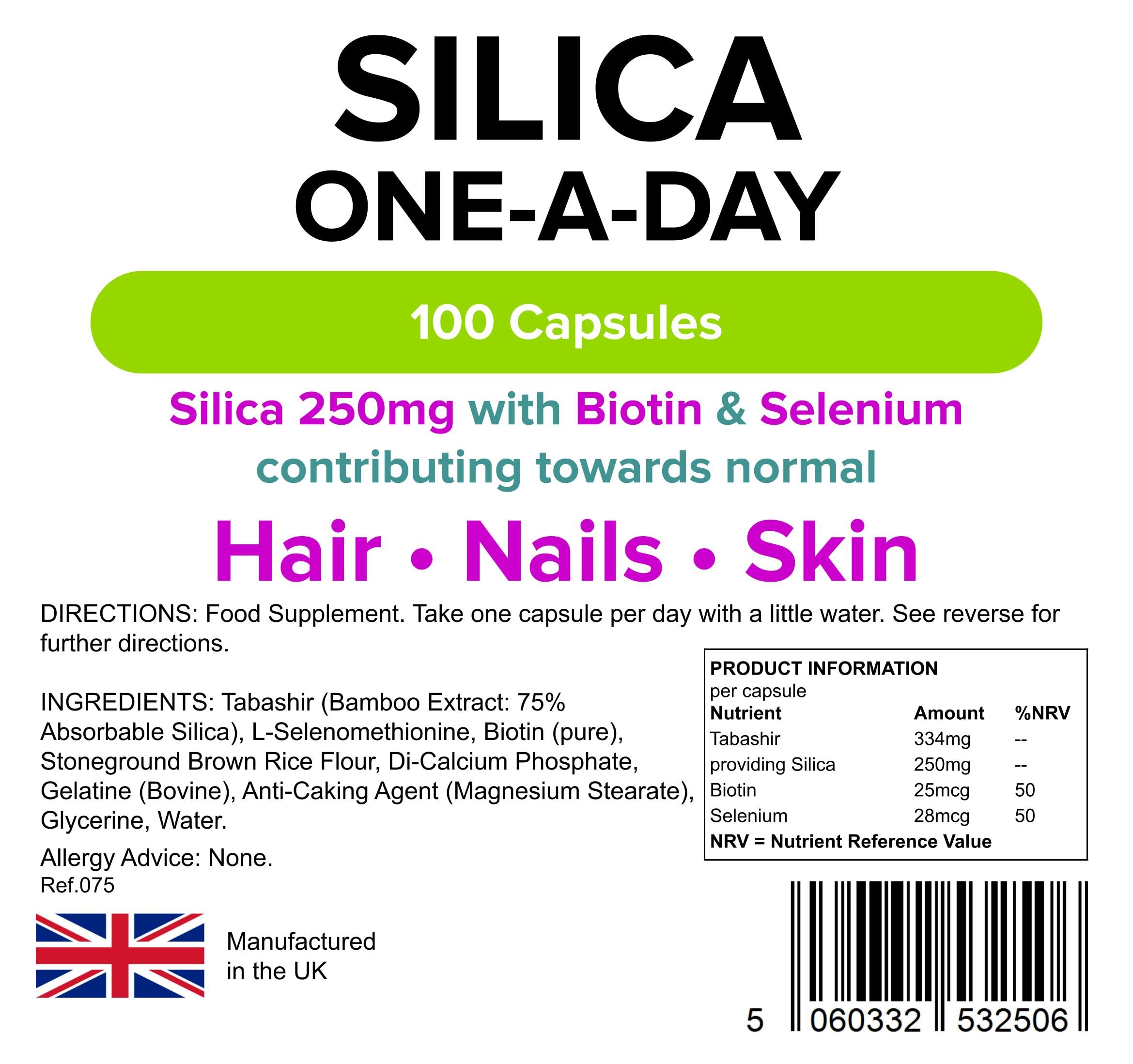 Silica; 250mg; 100 Capsules 1 a day, for Hair and Nails - adds strength and shine - super high strength by Lindens