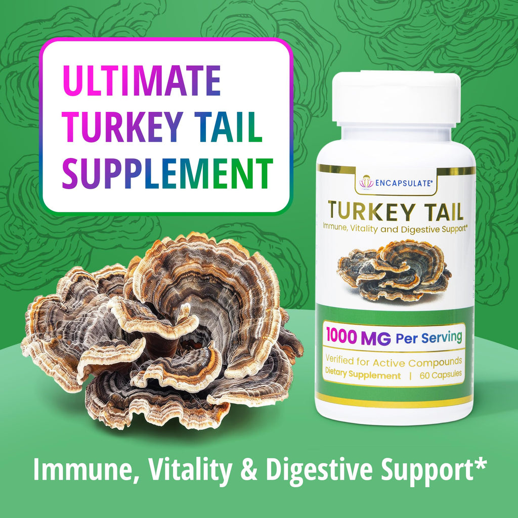 ENCAPSULATE Turkey Tail Capsules 8:1 Extract – Premium Organic Fruiting Body 8:1 Extract – Adaptogen Mushroom Supplement for Digestive, Gut & Immune Support – Lab Tested & Non-GMO – 60 Vegan Capsules