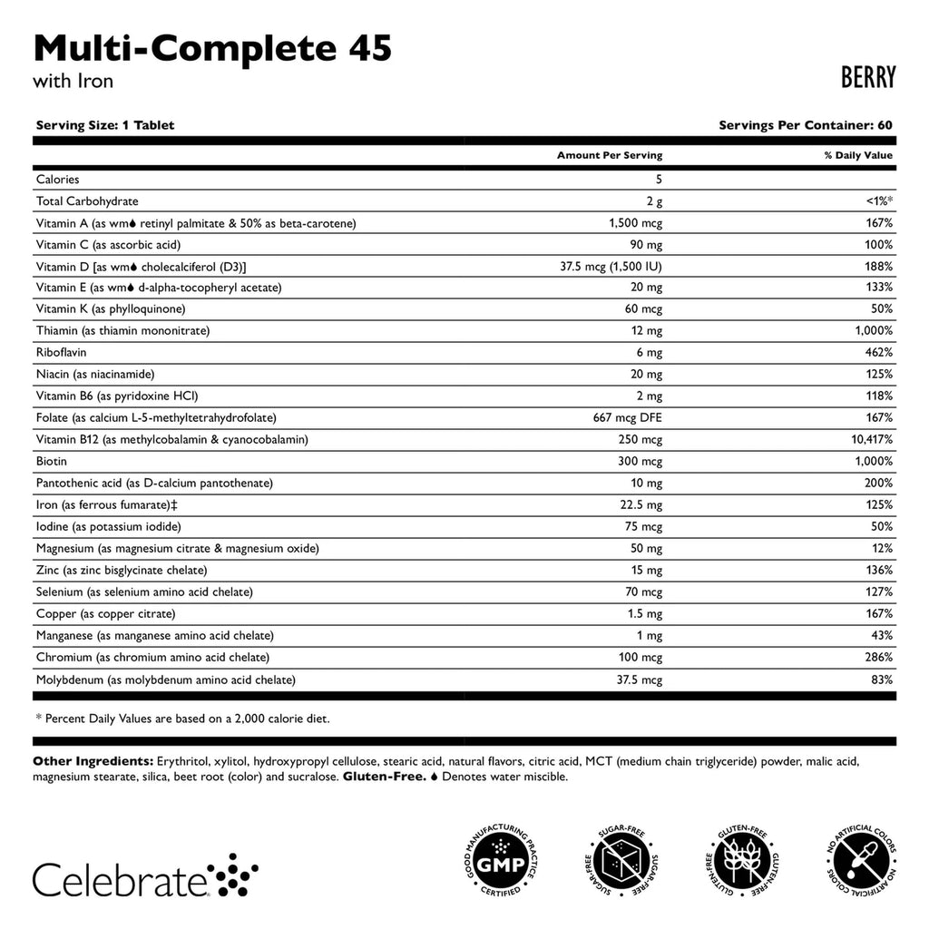 Celebrate Vitamins Multi-Complete Chewables, 45mg Iron – Daily Bariatric Multivitamin for Sleeve Gastrectomy and Gastric Bypass Surgery Patients – Essential Vitamins & Minerals - Berry (180 Tablets)