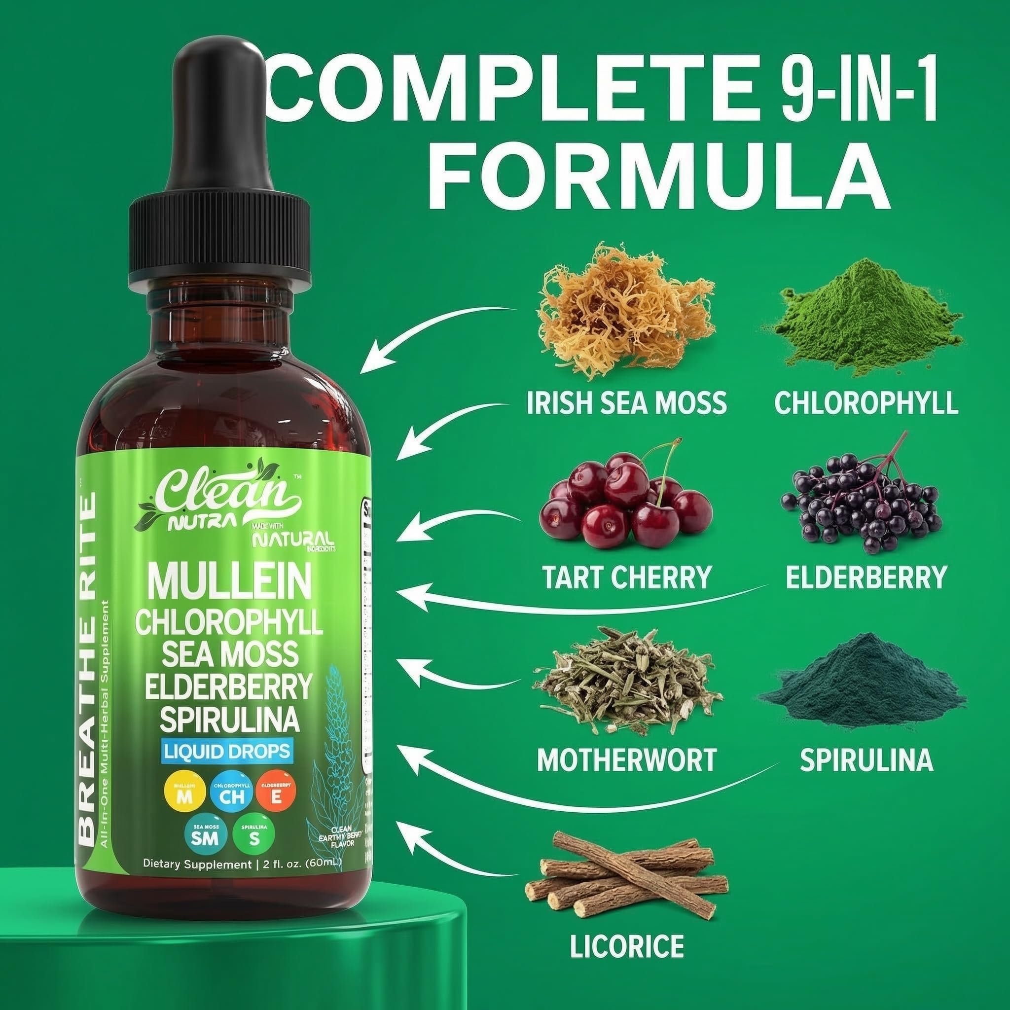 Mullein Drops for Lungs Liquid Chlorophyll Mullein Leaf Extract Supplement Elderberry Sea Moss Spirulina Chlorella Lobelia Marigold Licorice Marshmallow Lung Detox Cleanse Tincture Men Women 2 fl oz