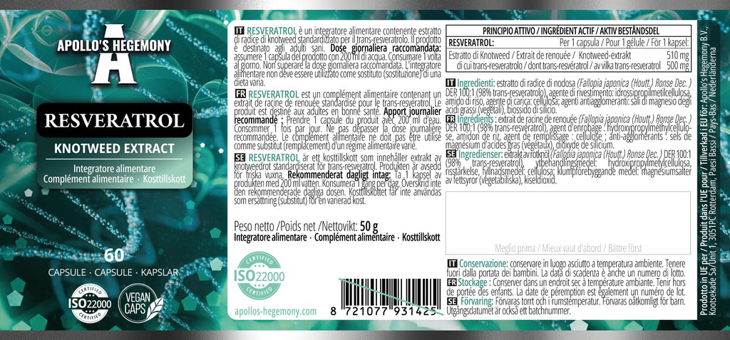 APOLLO'S HEGEMONY Resveratrol High Dose 400 mg - 60 Vegan Capsules - 2 Months Supply - 98% Trans-Resveratrol from Japanese Knotweed Extract - Natural Antioxidant