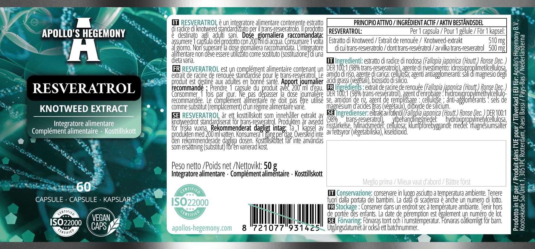 APOLLO'S HEGEMONY Resveratrol High Dose 400 mg - 60 Vegan Capsules - 2 Months Supply - 98% Trans-Resveratrol from Japanese Knotweed Extract - Natural Antioxidant