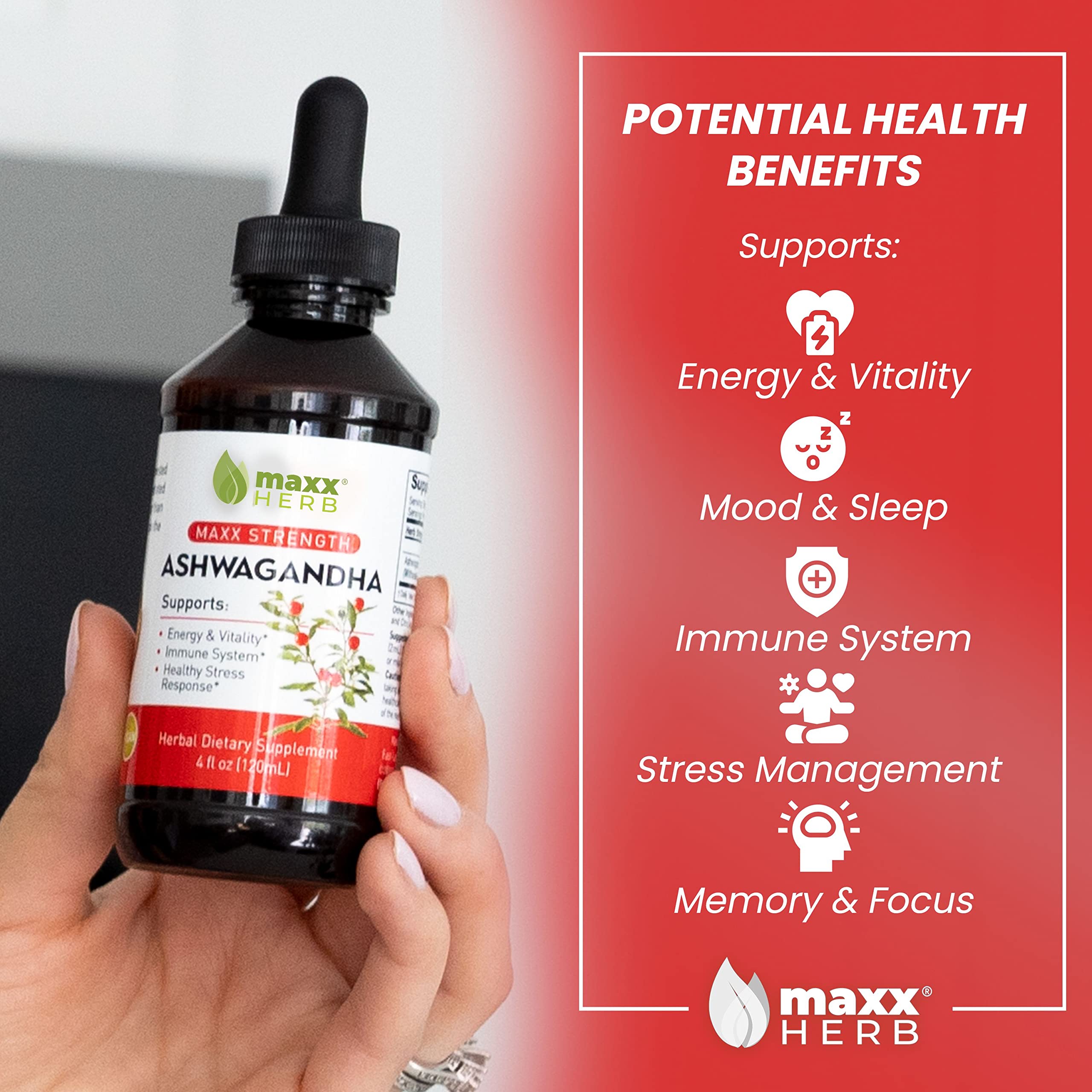 Maxx Herb Ashwagandha Extract – Max Strength Liquid Tincture Absorbs Better Than Capsules or Powder - for Stamina, Memory, & Immune Support - 4 Oz Bottle (60 Servings)