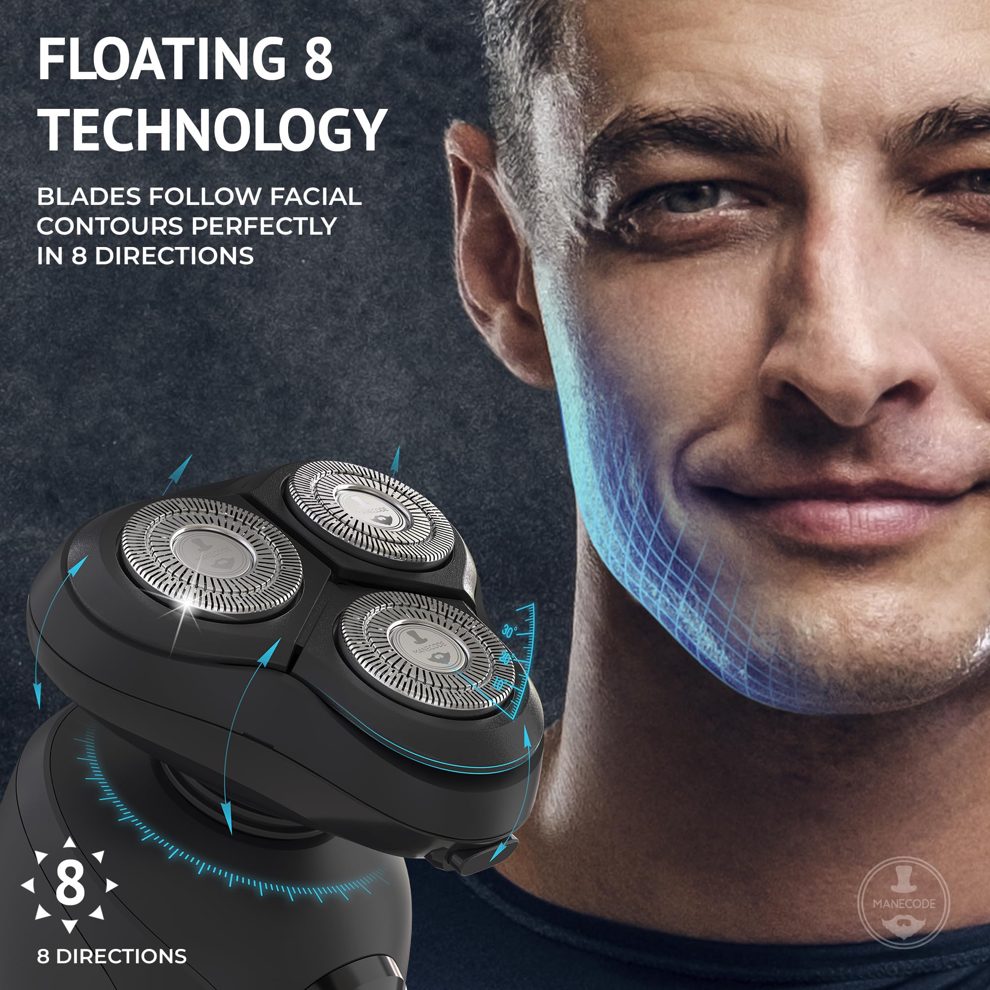 MANECODE® 7-in-1 Electric Razor for Men - Shaver with Floating 8 Contouring Technology® and IQ Cleaning Sensor®