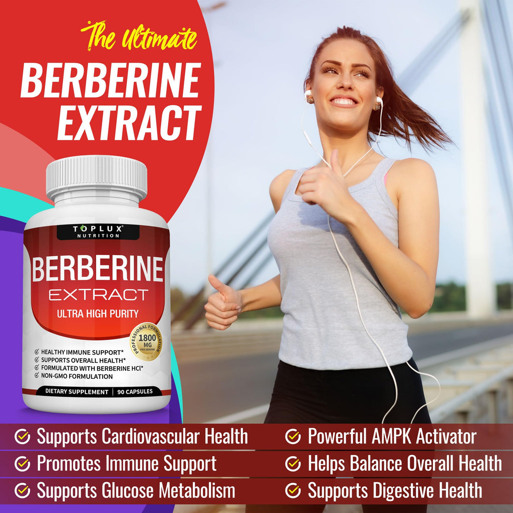 Toplux Berberine Supplement 1800mg - Berberine HCL 97% Tested Ultra High Purity Premium Berberine Extract to Support Overall Health, High Potency Berberine Plus Non-GMO Vegan Men Women, 90 Capsules