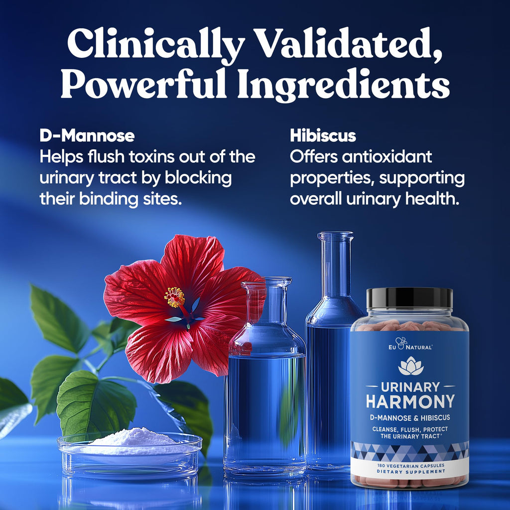 Eu Natural Urinary Harmony D-Mannose Supplement - Urinary Tract Health for Women - Fast-Acting Urinary Cleanse & Flush with Clinical-Strength D-Mannose & Hibiscus - 180 Capsules