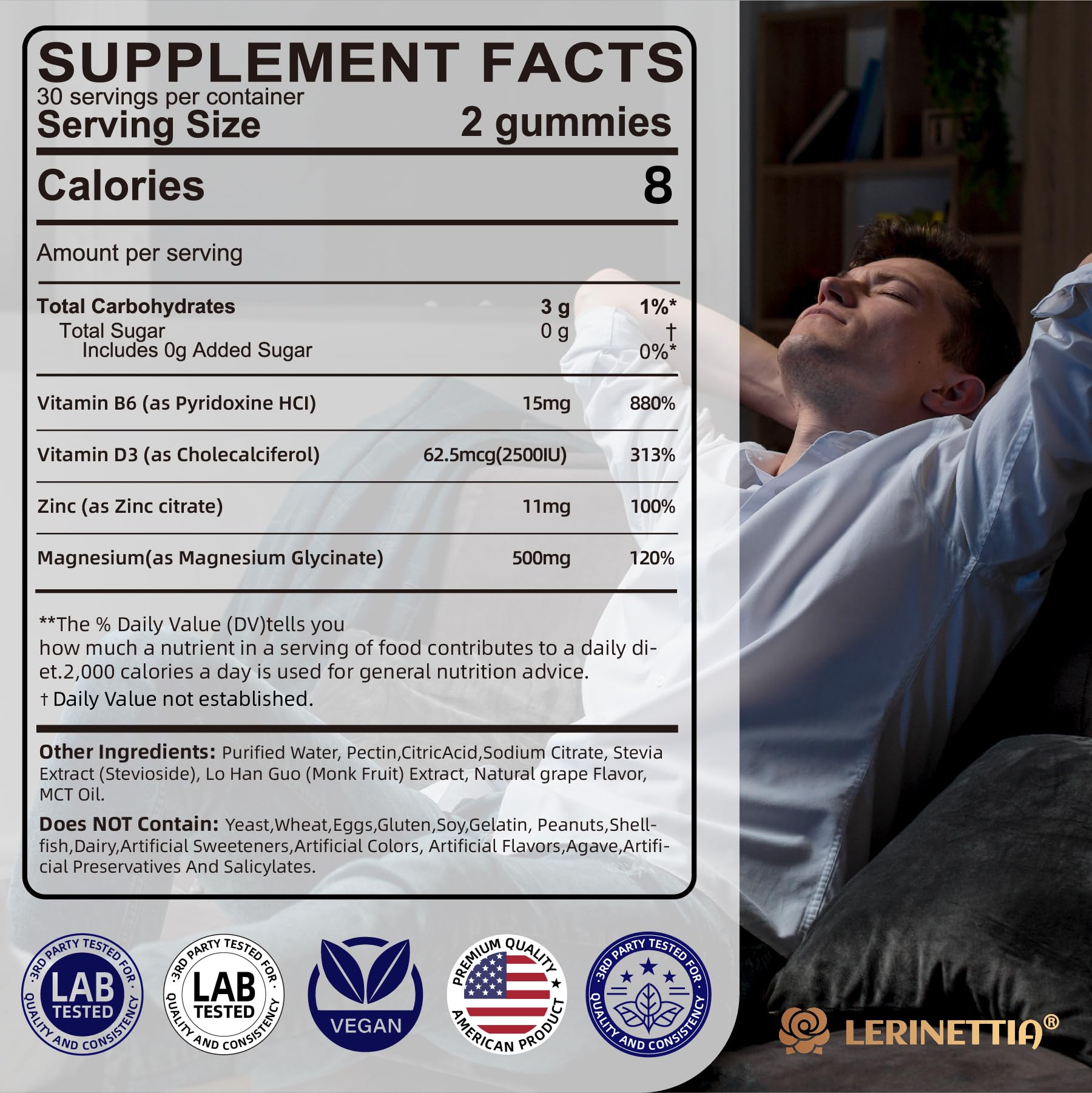 Magnesium Glycinate 500mg/250mg for Adults Teens - Plus D3,B6 & Zinc - Magnesium Glycinate Gummies,High Absorption - Support for Relaxation,Brain,Bone & Immunity Health - Sugar Free - 120Cts