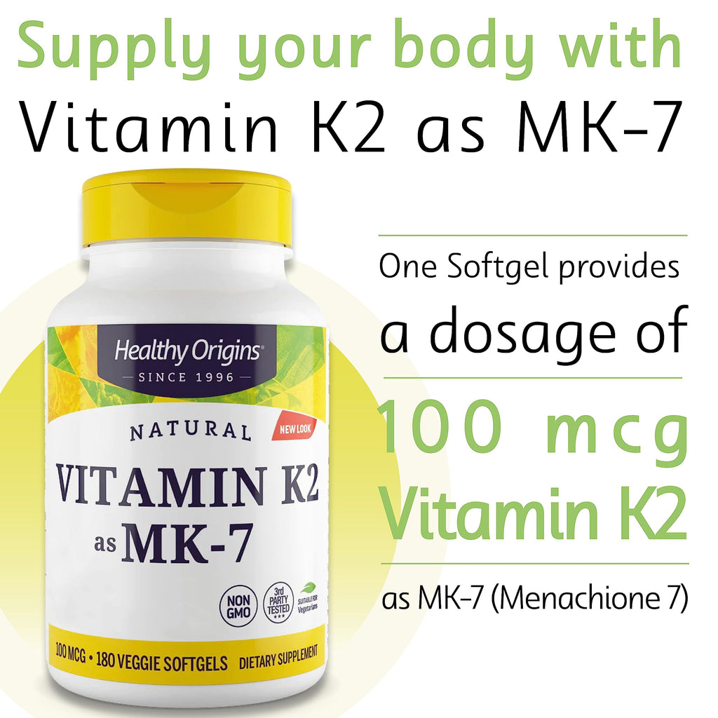Healthy Origins, Vitamin K2 as MK-7, 100 mcg, 180 Vegetarian Softgels, High Strength, Gluten Free, SOYA Free, Non-GMO