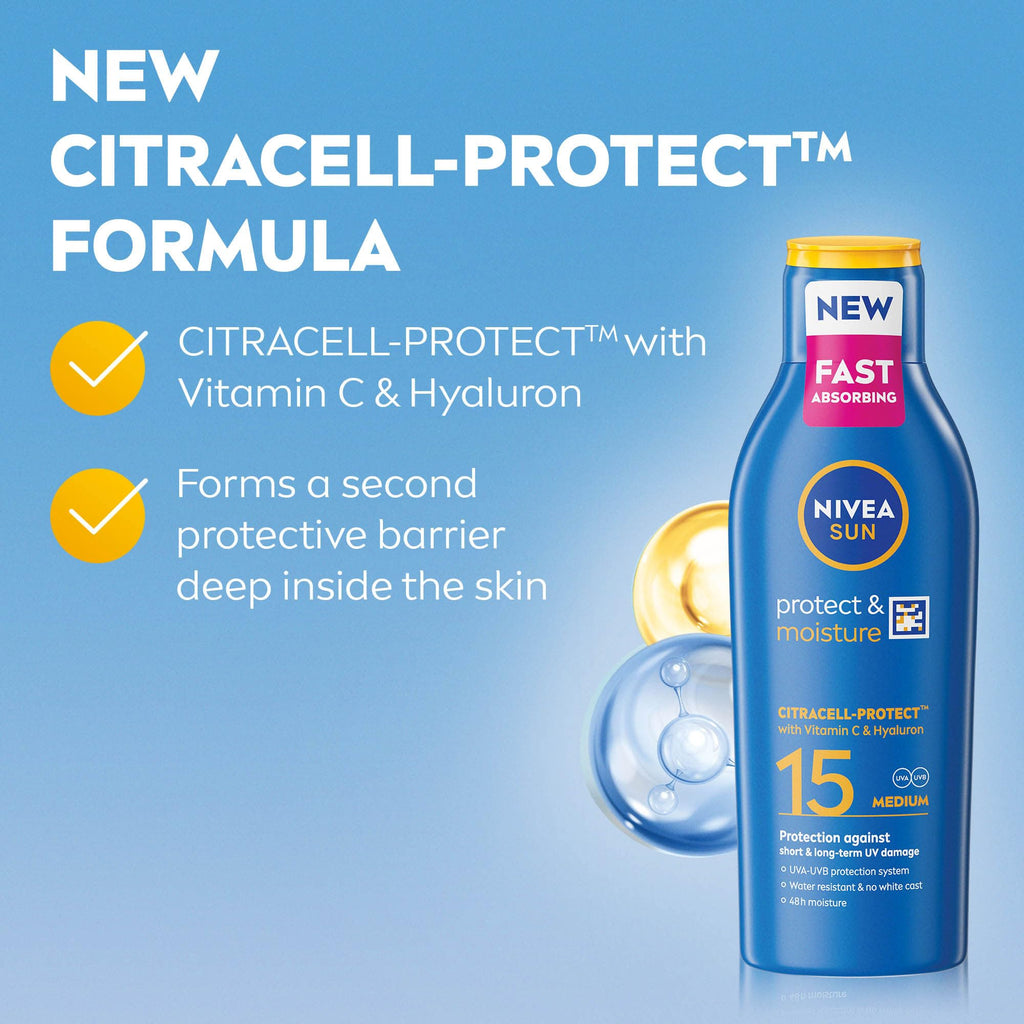NIVEA SUN Protect & Moisture Sun Lotion SPF 15 (200 ml), Suncream with Vitamin C and Hyaluron, Provides 48H Moisture and Immediate UVA/UVB Protection, Fast-Absorbing, No White Cast Formula