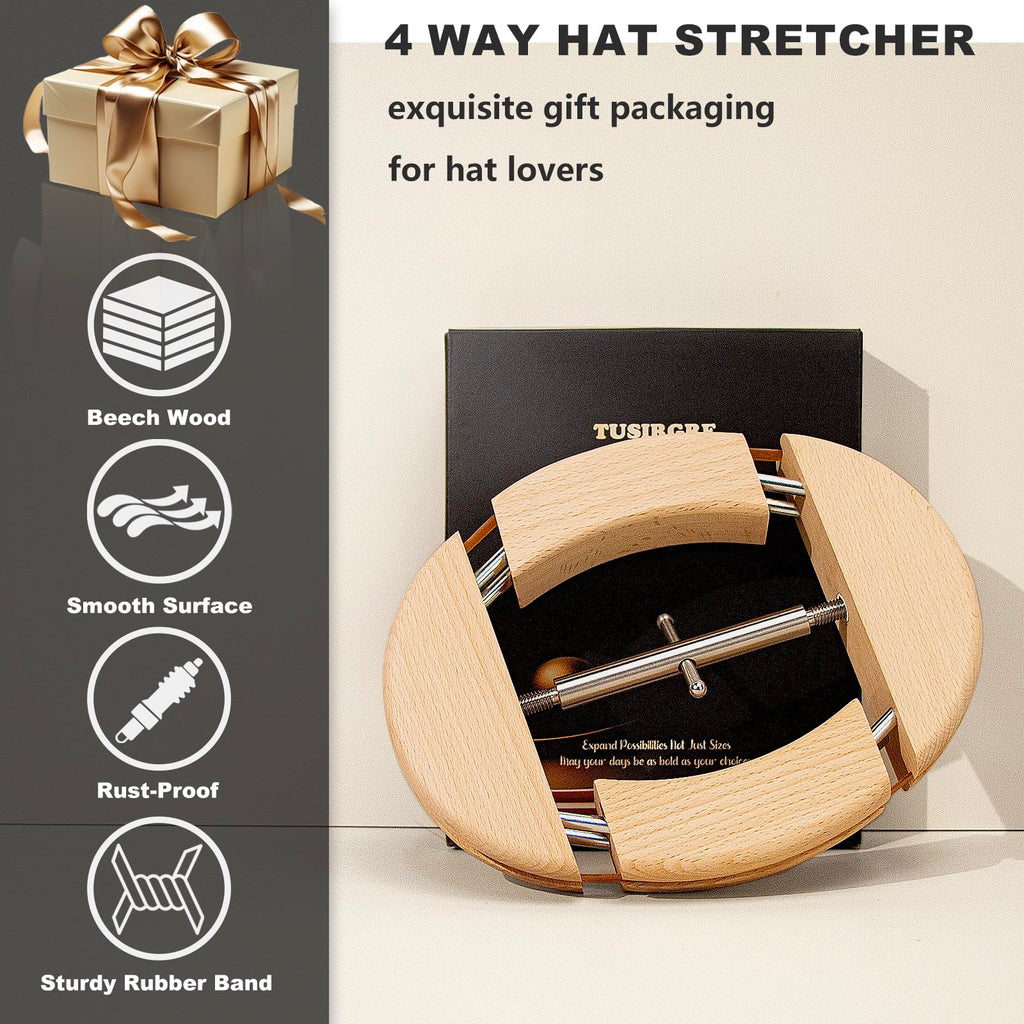 4 Way Hat Stretcher for Fitted Cowboy Hats Caps Stretcher for Men Fits All Caps - Beech Wood, Heavy Duty of Hat Extender Widener Shaper Large Size Enlarger, Beech + Stainless Steel, Large-X-Large