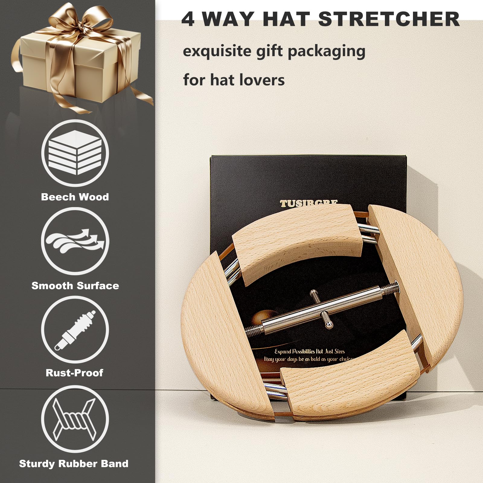 4 Way Hat Stretcher for Fitted Cowboy Hats Caps Stretcher for Men Fits All Caps - Beech Wood, Heavy Duty of Hat Extender Widener Shaper Large Size Enlarger, Beech + Stainless Steel, Large-X-Large