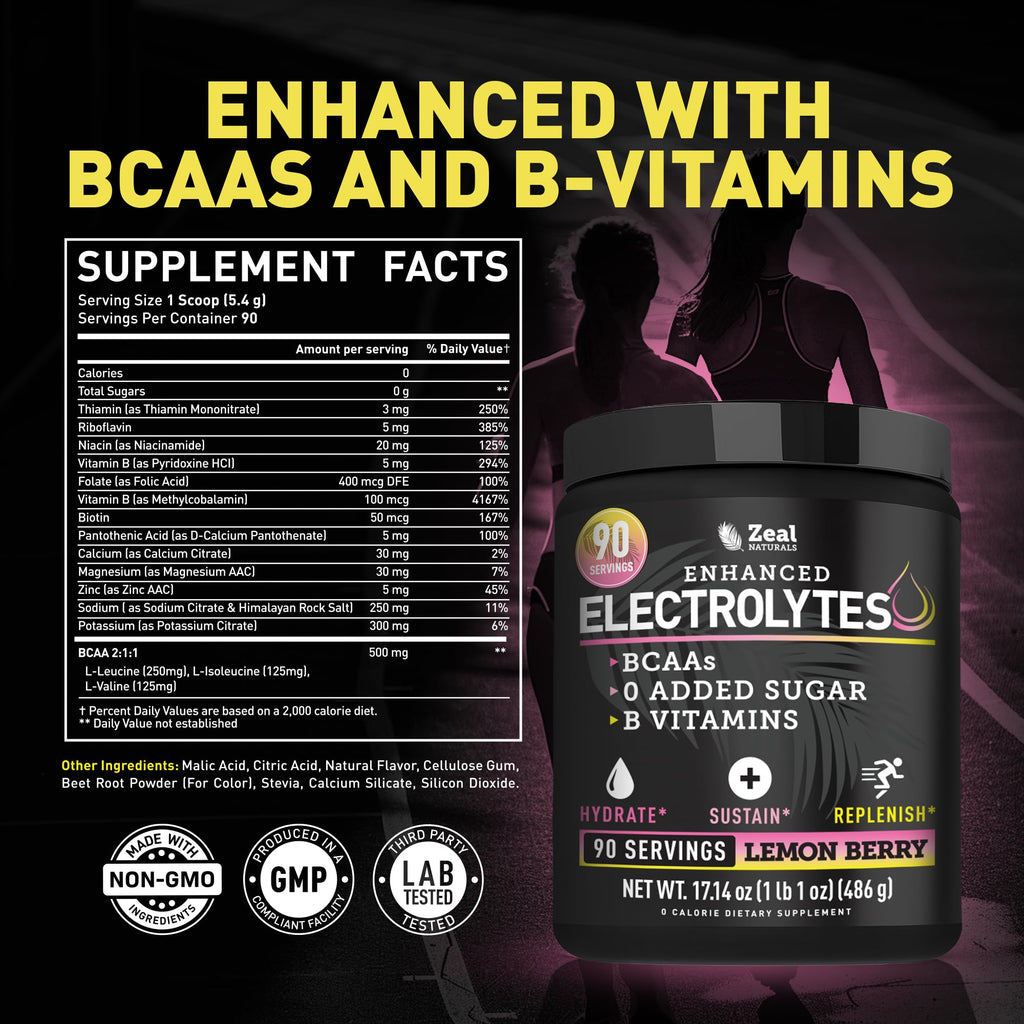 Zeal Electrolyte Powder - 90 Servings | Keto Electrolytes Powder | Zero Sugar, BCAAs, B-Vitamins | Potassium, Zinc, Magnesium | Hydration Powder Recovery Drink | Lemon Berry