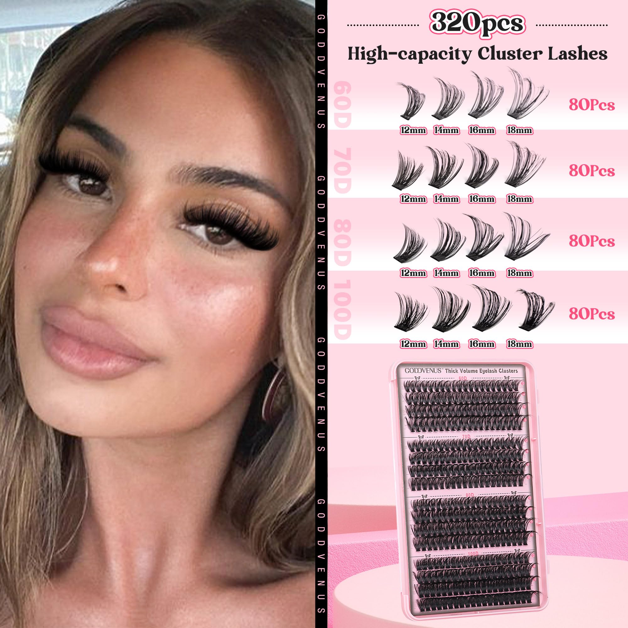 Goddvenus Eyelash Clusters Kit 60+70+80+100D Individual Lashes 320Pcs 12-18mm Lash Extension Kit Wispy Eyelash Extension Kit Fluffy Volume Waterproof Cluster Eyelash Extensions Kit