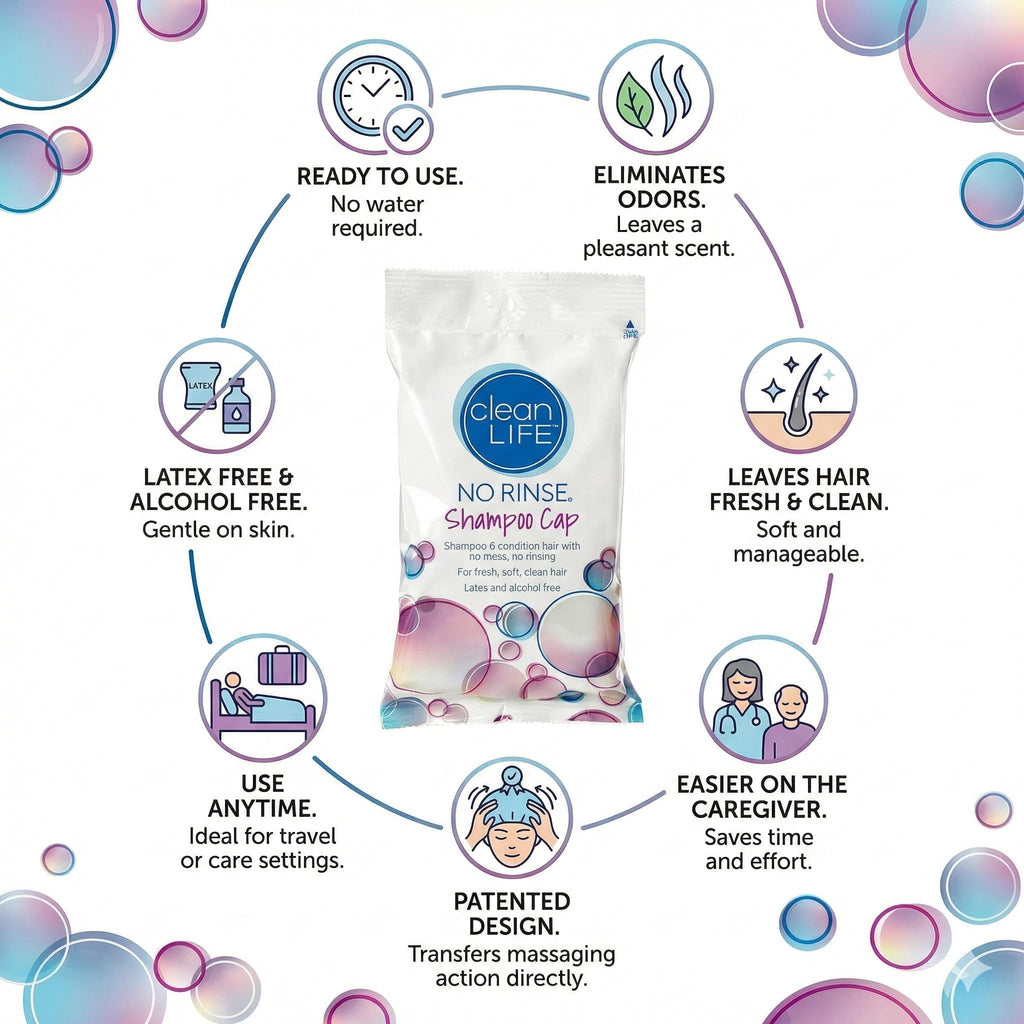No-Rinse Cleanlife Products Shampoo Cap (10 Pack) - Waterless, Rinse Free Hair Washing and Conditioning Shower Caps for Bathing Elderly, Bedridden, Hospital Patients - Disposable, Hypoallergenic