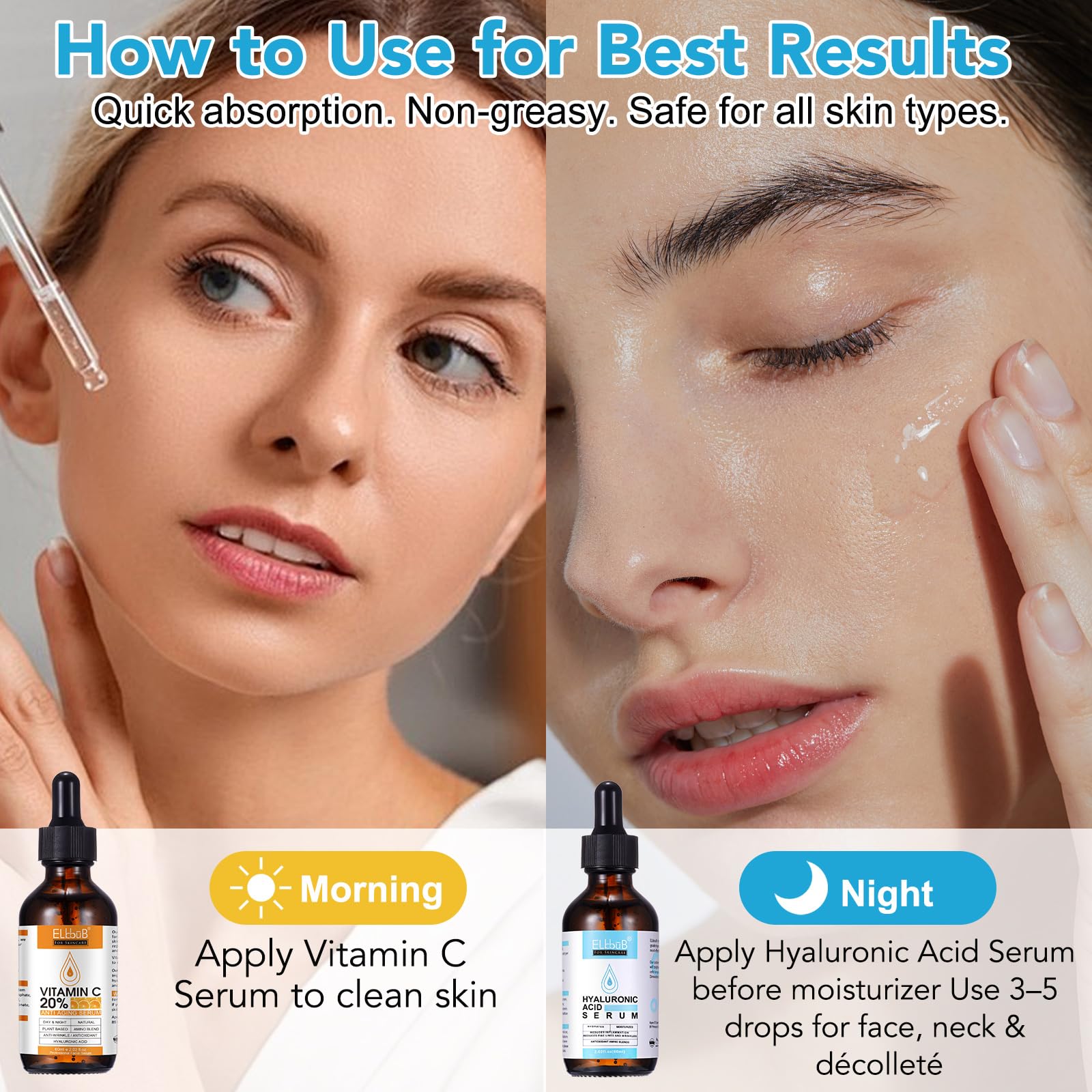 Vitamin C Serum 20% and Hyaluronic Acid Serum for Face, Anti-Aging, Brightening, Hydrating, Wrinkle Reduction, Dark Spot Corrector, Day & Night Skincare Set