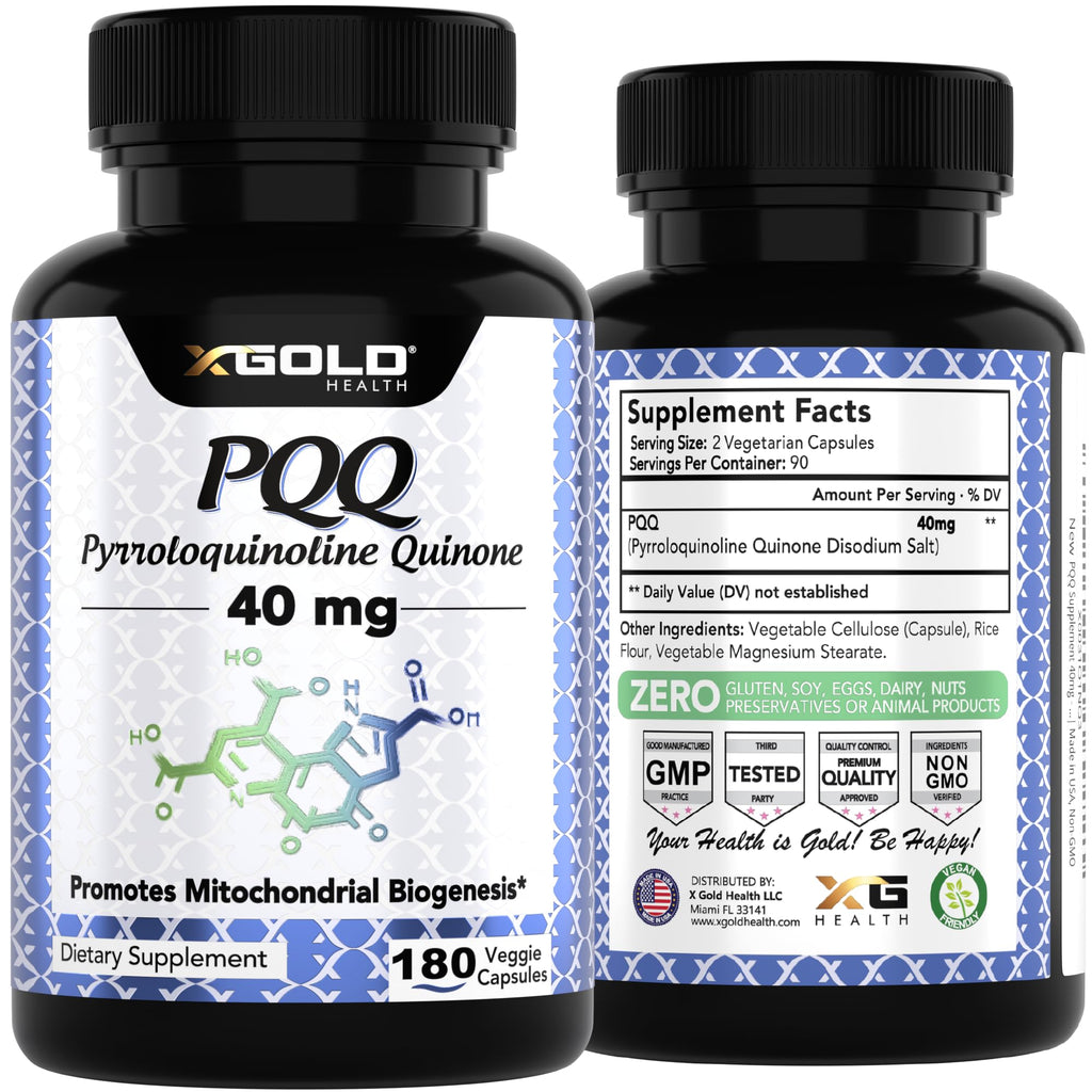 X Gold Health PQQ 40mg Supplement – Mitochondrial Energy Booster & Cellular Energy Support – Pyrroloquinoline Quinone – Brain & Focus Support – Non-GMO, Gluten-Free – 180 Veg Capsules