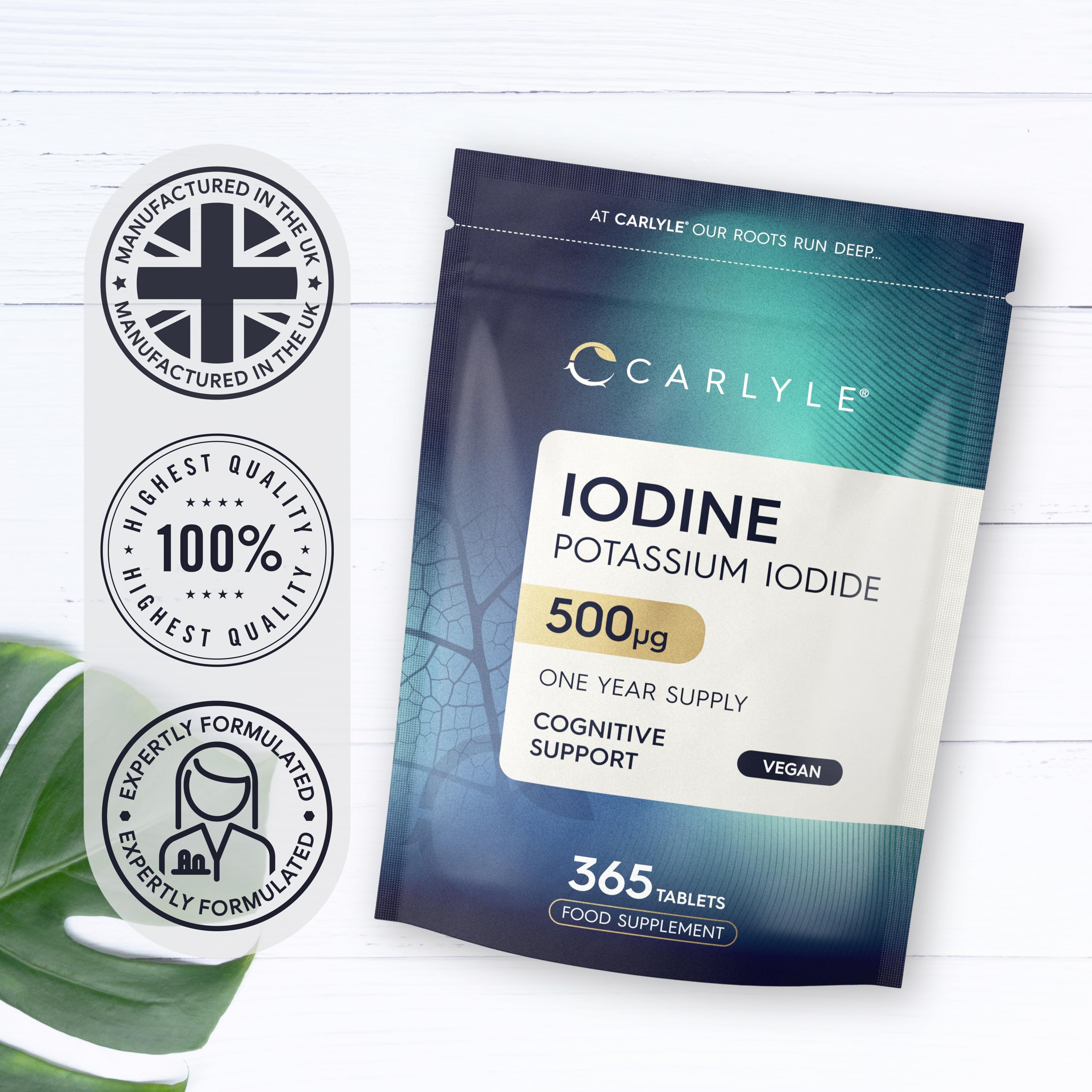 Iodine Tablets 500mcg | 365 Vegan Tablets - 1 Year Supply | High Strength Potassium Iodide Supplement | Trace Mineral | Carlyle