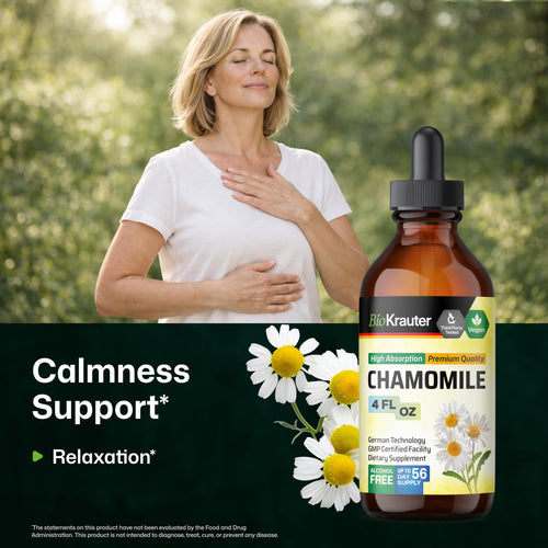 BIO KRAUTER® Chamomile Extract for Sleep Support - Natural Calm Liquid Drops Used for All Ages - Chamomile Supplement for Relax - 670 mg per Serving 4 Fl.Oz, 56-Day Supply, Alcohol & Sugar Free