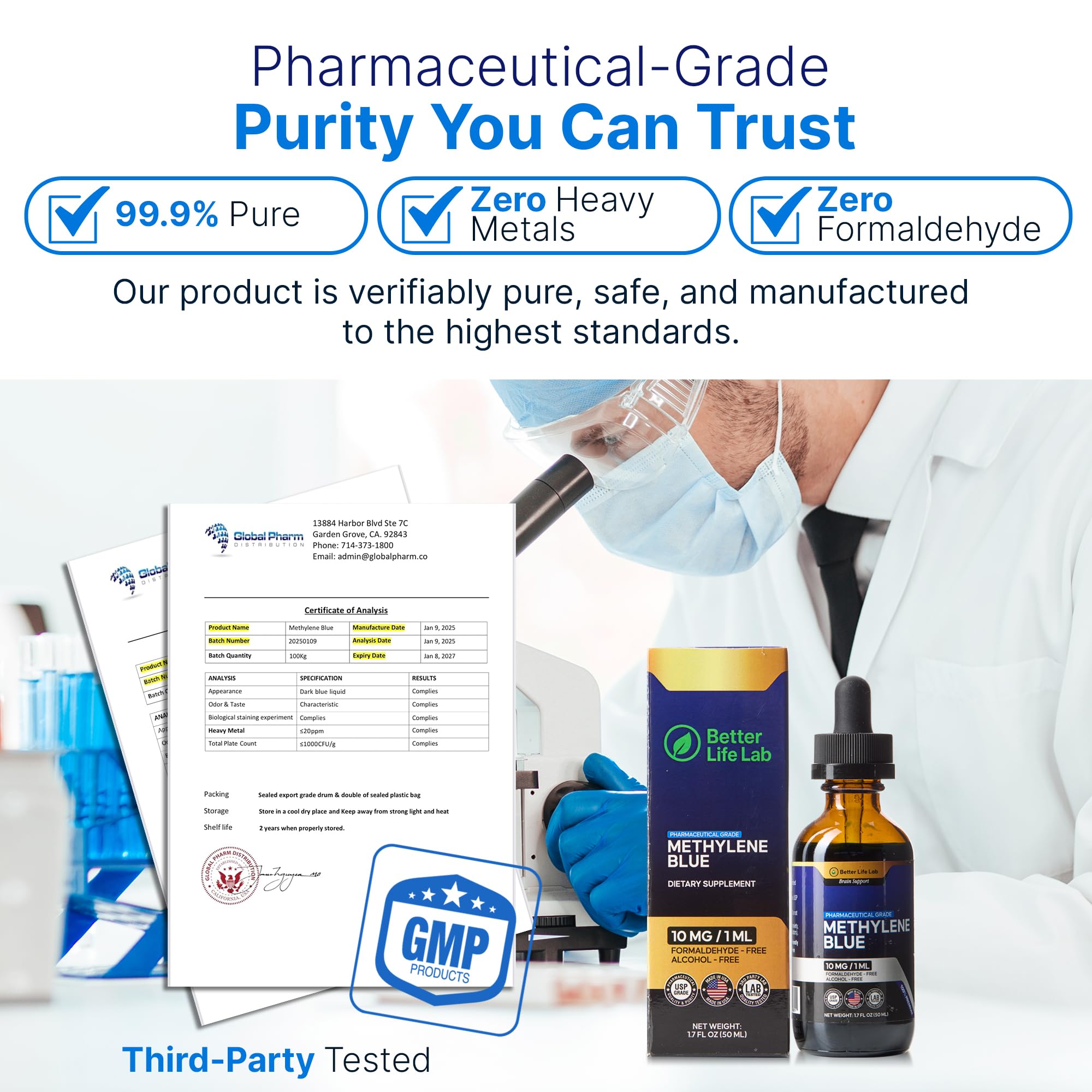 BETTER LIFE LAB Methylene Blue Pharmaceutical Grade 99.99% with Dropper, Health Dietary Supplement for Humans, No Formaldehyde, Made in USA (1% 50ml Bottle) 1 Fl Oz (2 Pack)