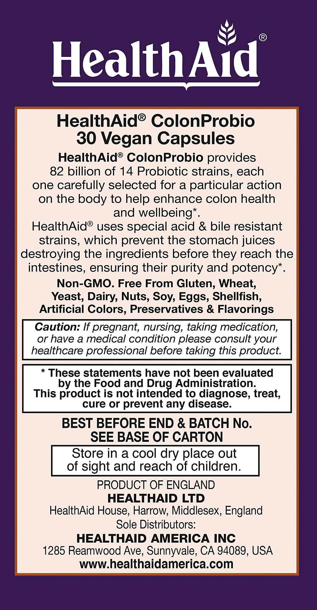 HealthAid ColonProbio – 82 Billion CFU Probiotic with Prebiotic, High Bifido Formula, 14 Strains, Once Daily, 30 Capsules – Supports Digestive Balance & Intestinal Function – Vegan, Non-GMO*