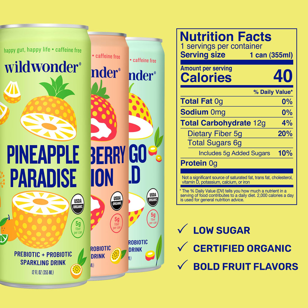 wildwonder Sparkling Probiotic Drink 12pk, For Gut Health & Immune Support, Tropical Vibes Variety, 5g Prebiotic Fiber, Live Probiotics, Organic, Vegan, Low Sugar, 12Pack, 12oz Can, Seen on Shark Tank