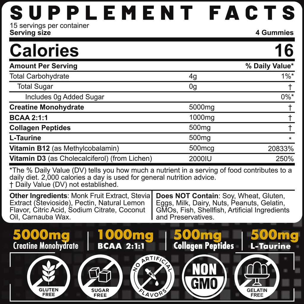 Creatine Monohydrate Gummies for Men & Women - with BCAA, Collagen Peptides, L-Taurine, Vitamin B12, D3, Chewables Creatine Monohydrate 5g Per Serving, Natural Lemon Flavor, Sugar Free, 2 Pack