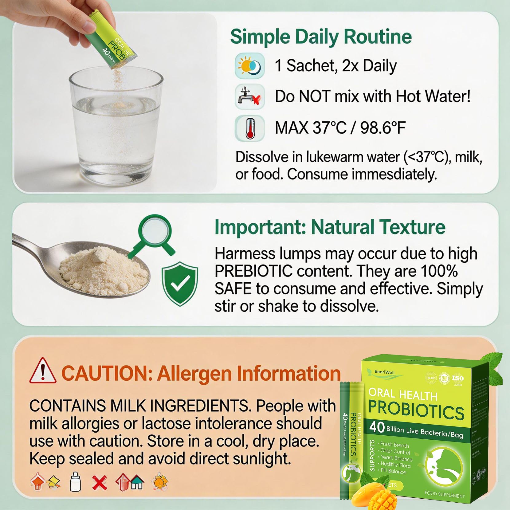 Oral Probiotics for Bad Breath Treatment, Gum Health probiotic and prebiotics, Oral Health Probiotics for Women and Men, Fresh Breath and Gut Health for Adults, Travel Probiotic 30 Packets