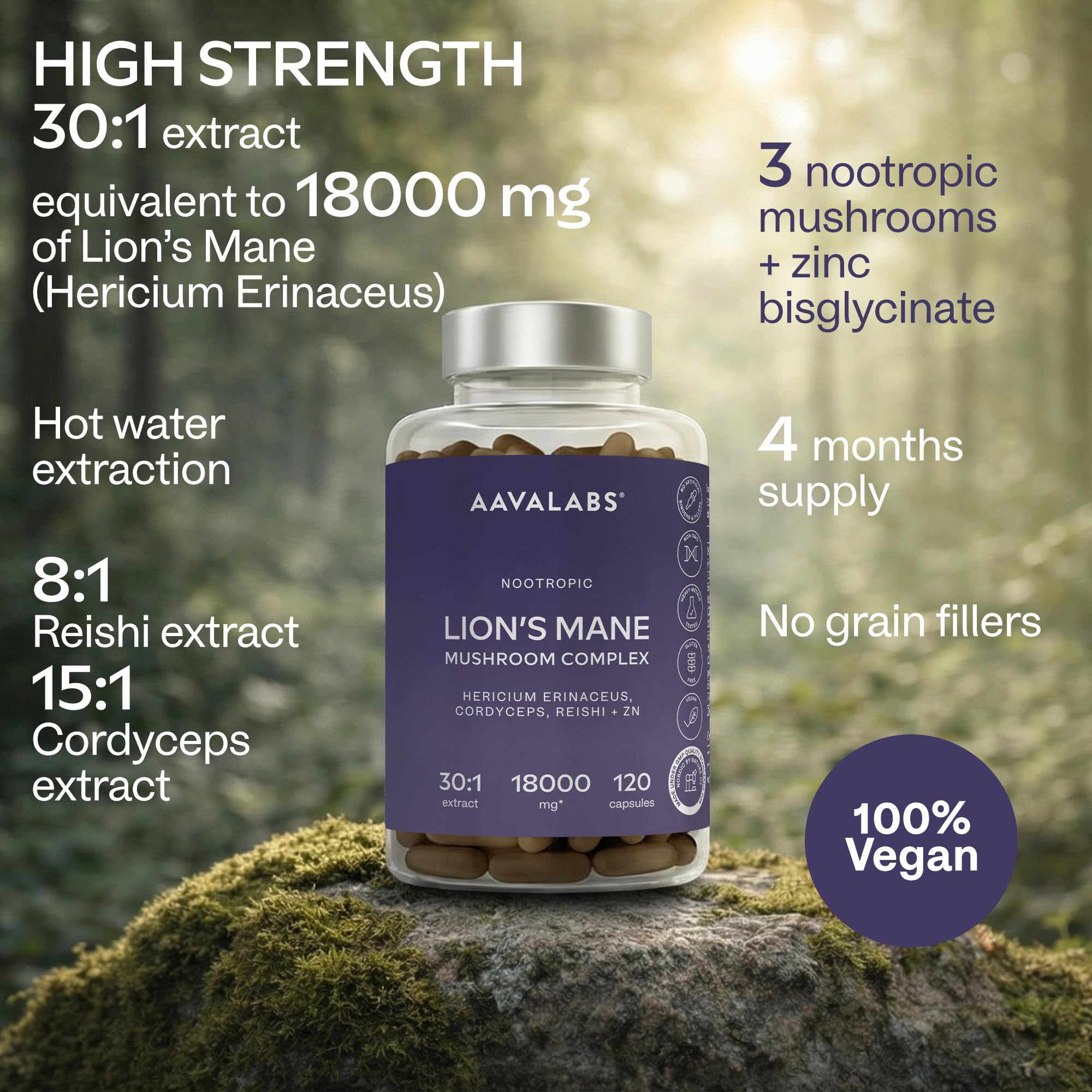 Lions Mane Supplement-18,000mg (30:1 Extract)+Zinc, Reishi & Cordyceps-3 Mushrooms Herbal supplements -Nootropic Complex Lion's Mane Mushroom Supplement-120 Lion's Mane Capsules(Not Lions Mane Powder)