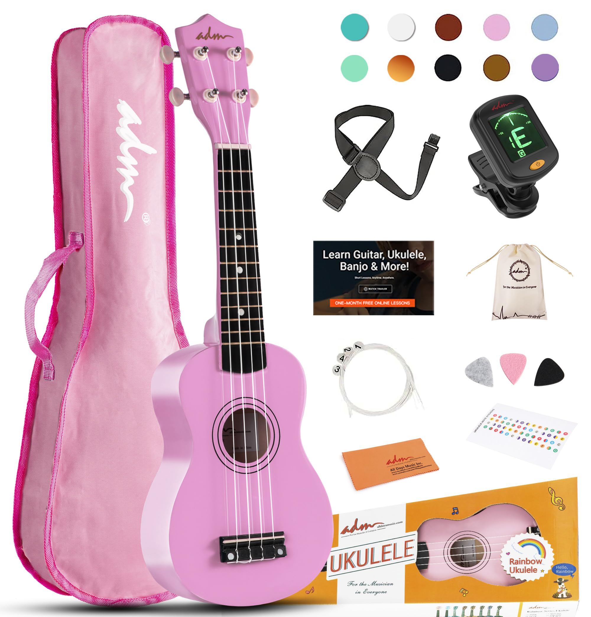 ADM Ukulele Beginner, Hawaiian Wood, Ukulele Kit, for Children, Adults, Students, Beginners, Ukalelee Professional Package, with Free Teaching Strap, Tuner