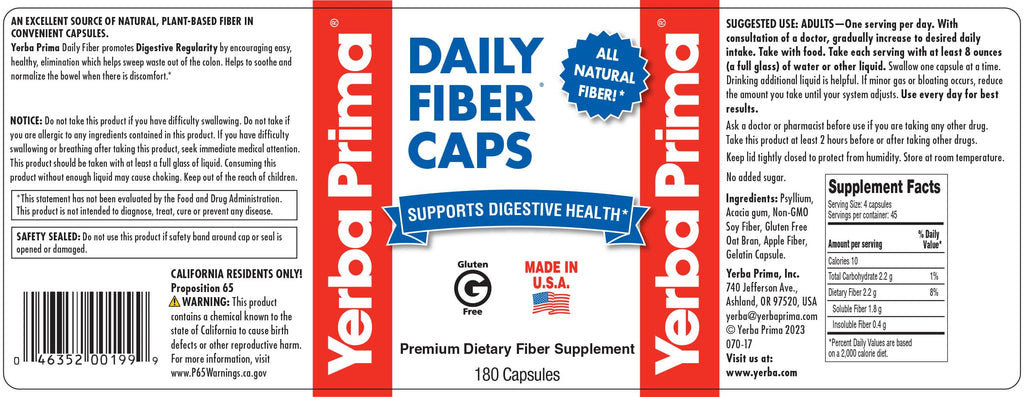 Yerba Prima Daily Fiber Capsules, 180 Caps (Pack of 3) - Soluble Dietary Fiber Supplement - Colon Cleanse - Gut Health - Constipation Relief, Vegan, Non-GMO, Gluten-Free