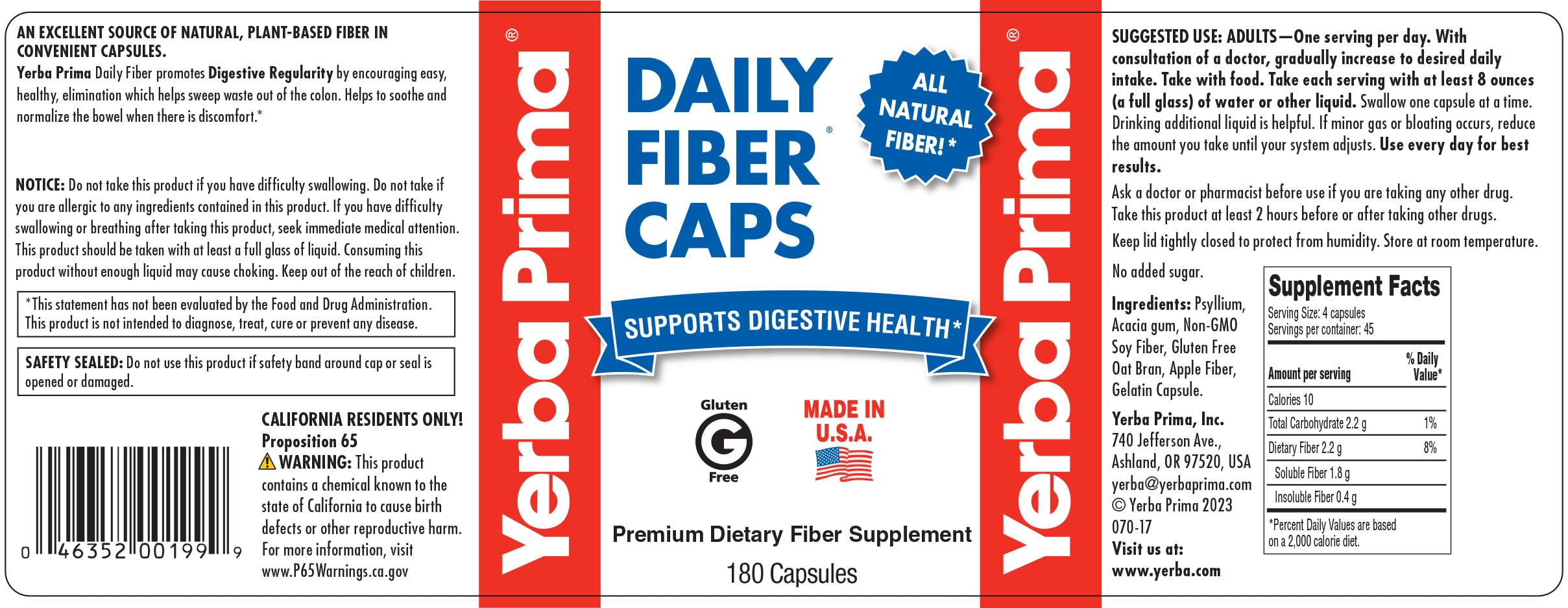 Yerba Prima Daily Fiber Capsules, 180 Caps (Pack of 3) - Soluble Dietary Fiber Supplement - Colon Cleanse - Gut Health - Constipation Relief, Vegan, Non-GMO, Gluten-Free