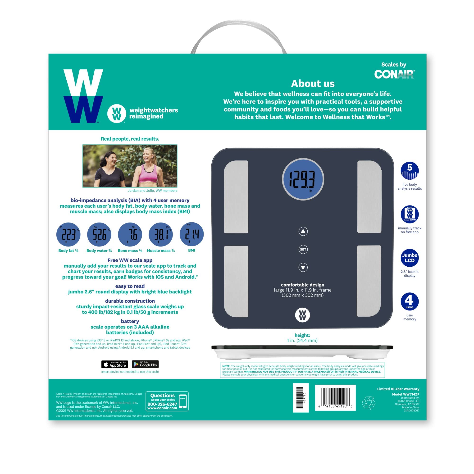 Weight Watchers Scales by Conair BathroomScale for BodyWeight,Glass Digital Scale,Body Analysis Measures Body Fat,Body Water,BMI,Bone Mass&Muscle for 4Users,Measures Weight up to 400Lbs in Black&Blue