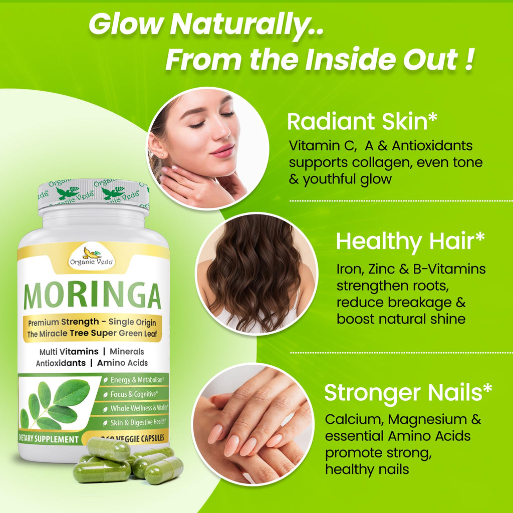 Organic Veda Moringa Capsule 1000mg, 6 Months Supply - True Green Pure Organic Moringa Leaf Superfood - Vitamins & Antioxidants Rich Powder, Energy, Digestion, Brain & Skin Health - 360 Vegan Capsule
