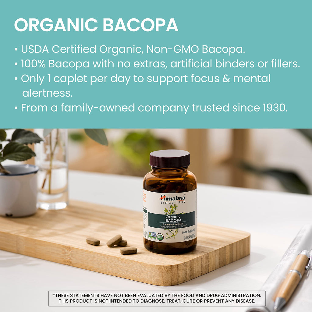 Himalaya USDA Organic Bacopa Monnieri Nootropic Herbal Supplement,Brahmi,Bacopa Supplements, Bacopa Extract,Mental Alertness, Supports Calm,Memory,Cognition,Non-GMO,750 mg, 120 Plant-Based Caplets