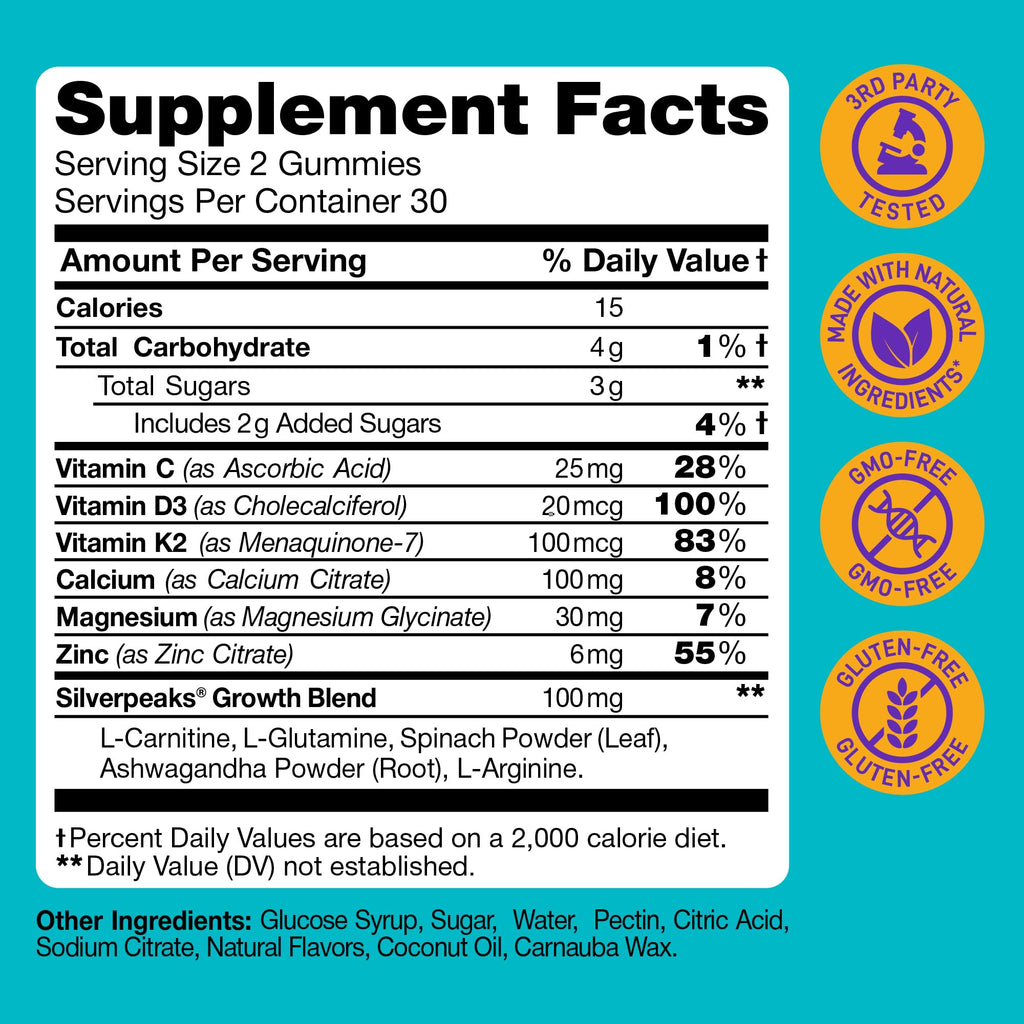 Height Growth Gummies for Kids - Growth Vitamins for Teens, Height Increase Multivitamin for Boys & Girls with Calcium Vitamin D C K2 Magnesium Zinc, Natural Height Growth Maximizer Supplement, 60 PCS