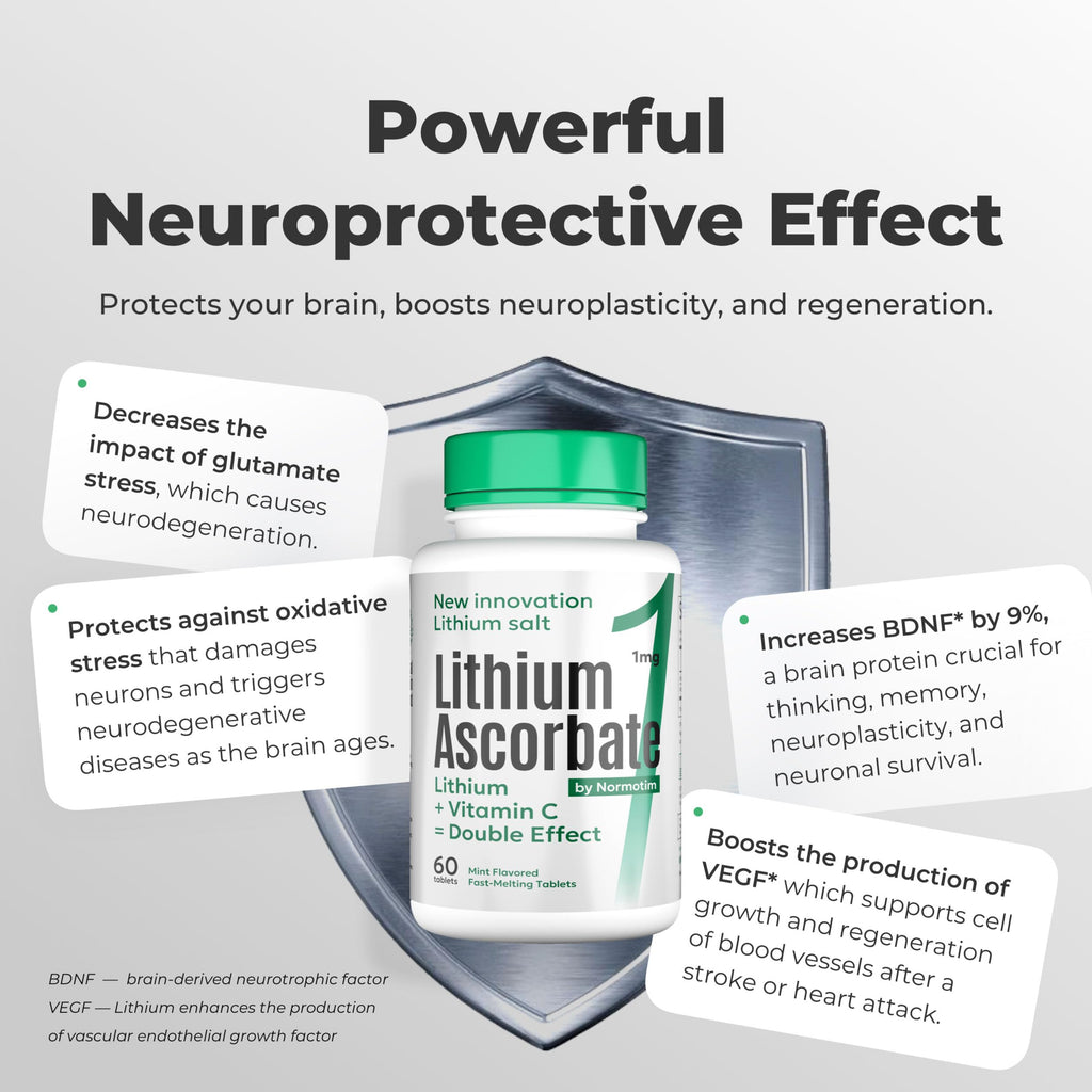NORMOTIM Lithium Ascorbate 1 mg with Vitamin C - 60 Tablets – Brain Supplements for Memory and Focus, Mood and Stress Relief Supplement, Lithium Orotate (180 Tablets)
