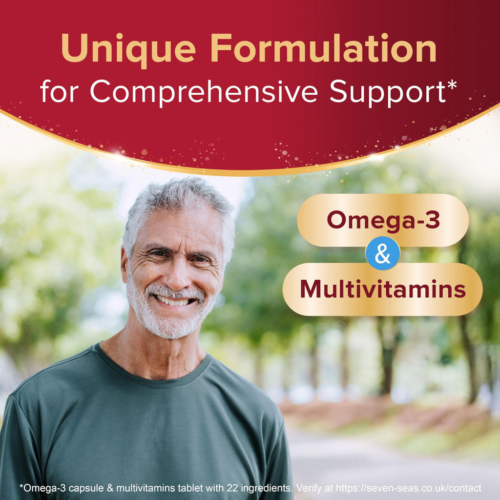 Seven Seas Omega-3 and Multivitamins Man 50plus, 30-Day Duo Pack, with B Vitamins and Calcium, 30 Omega-3 Capsules and 30 Multivitamin Tablets