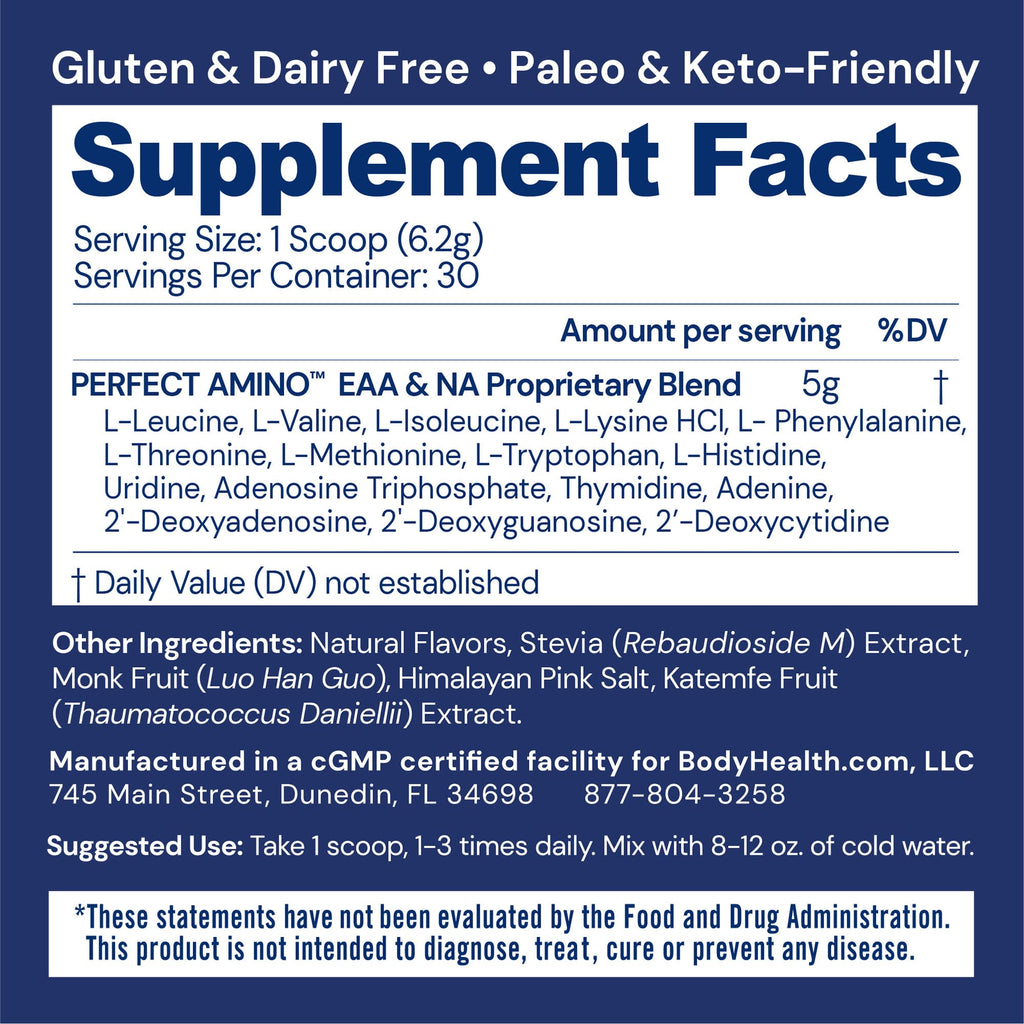 BodyHealth PerfectAmino Powder - BCAA and EAA Powder for Pre and Post Workout - Amino Acid Energy Drink for Men and Women to Support Lean Muscle and Recovery - Vanilla - 30 Servings