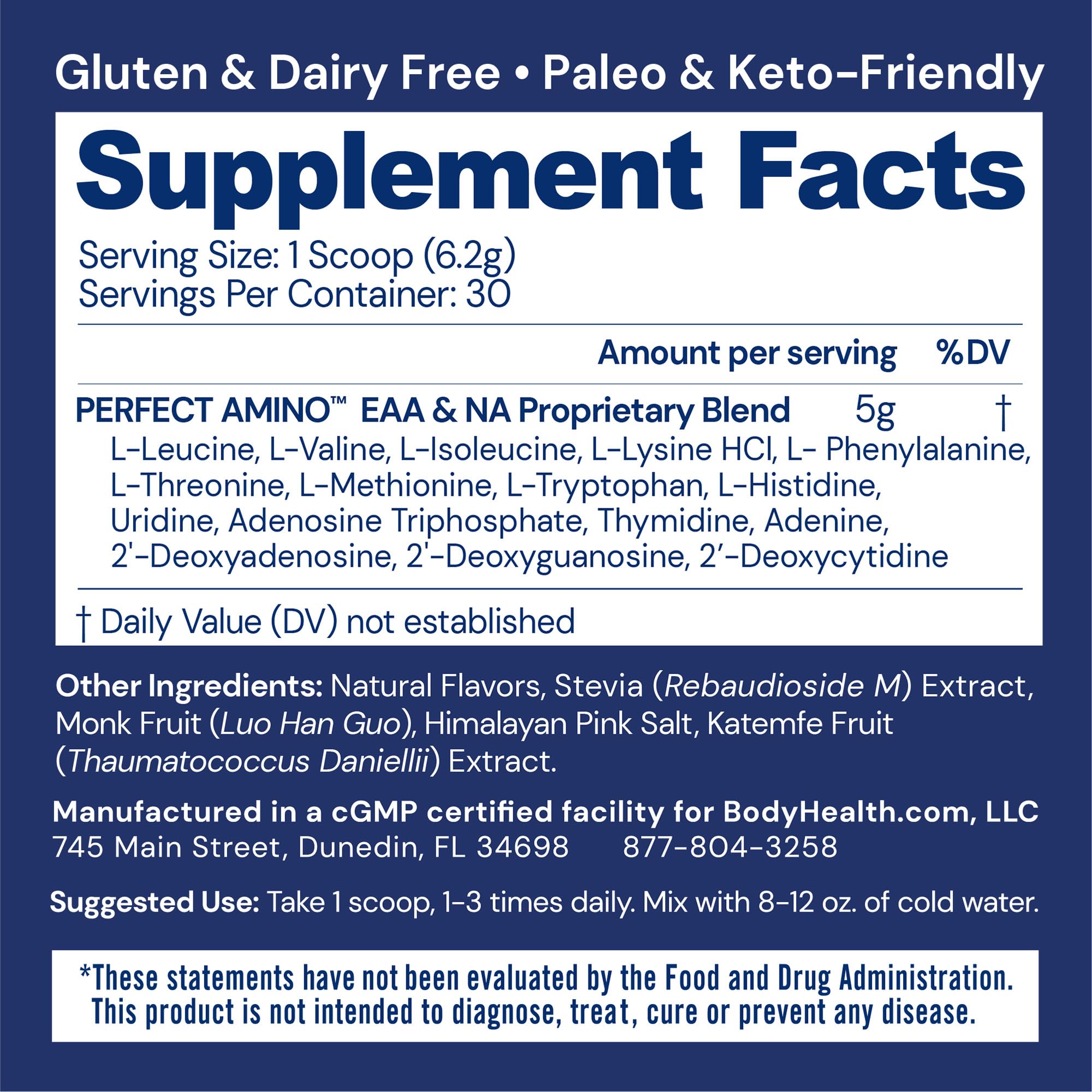 BodyHealth PerfectAmino Powder - BCAA and EAA Powder for Pre and Post Workout - Amino Acid Energy Drink for Men and Women to Support Lean Muscle and Recovery - Vanilla - 30 Servings