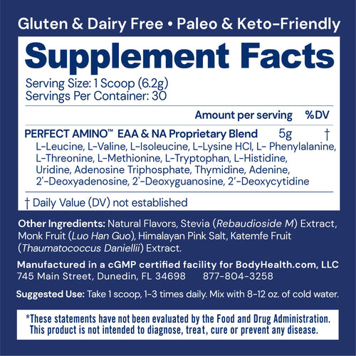 BodyHealth PerfectAmino Powder - BCAA and EAA Powder for Pre and Post Workout - Amino Acid Energy Drink for Men and Women to Support Lean Muscle and Recovery - Vanilla - 30 Servings