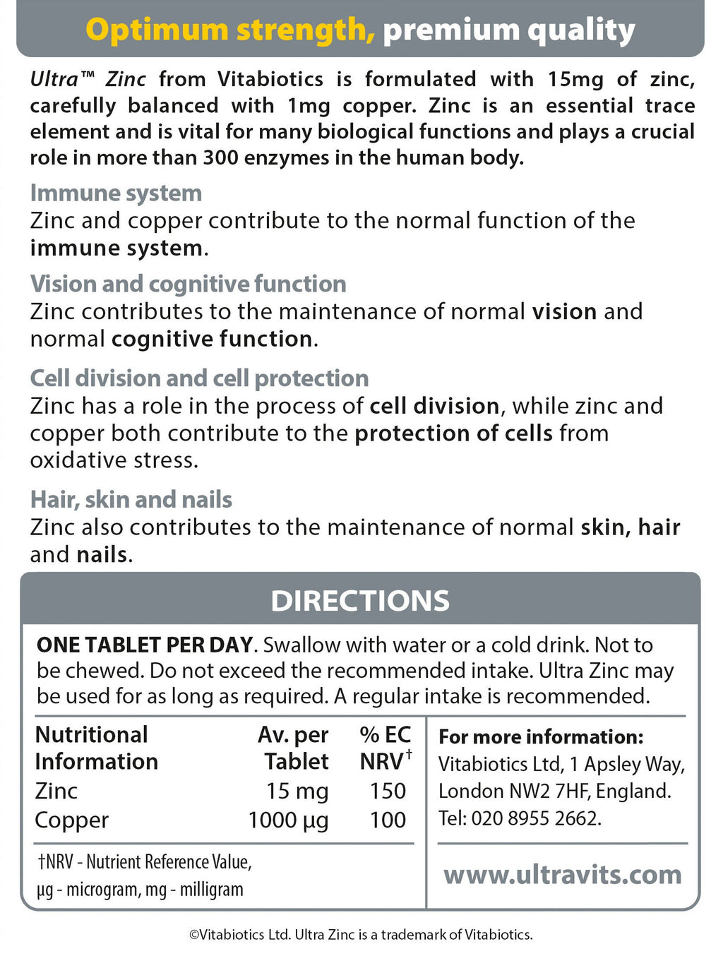 Vitabiotics ultra zinc 15mg with Copper 60 Tablets by Ultra