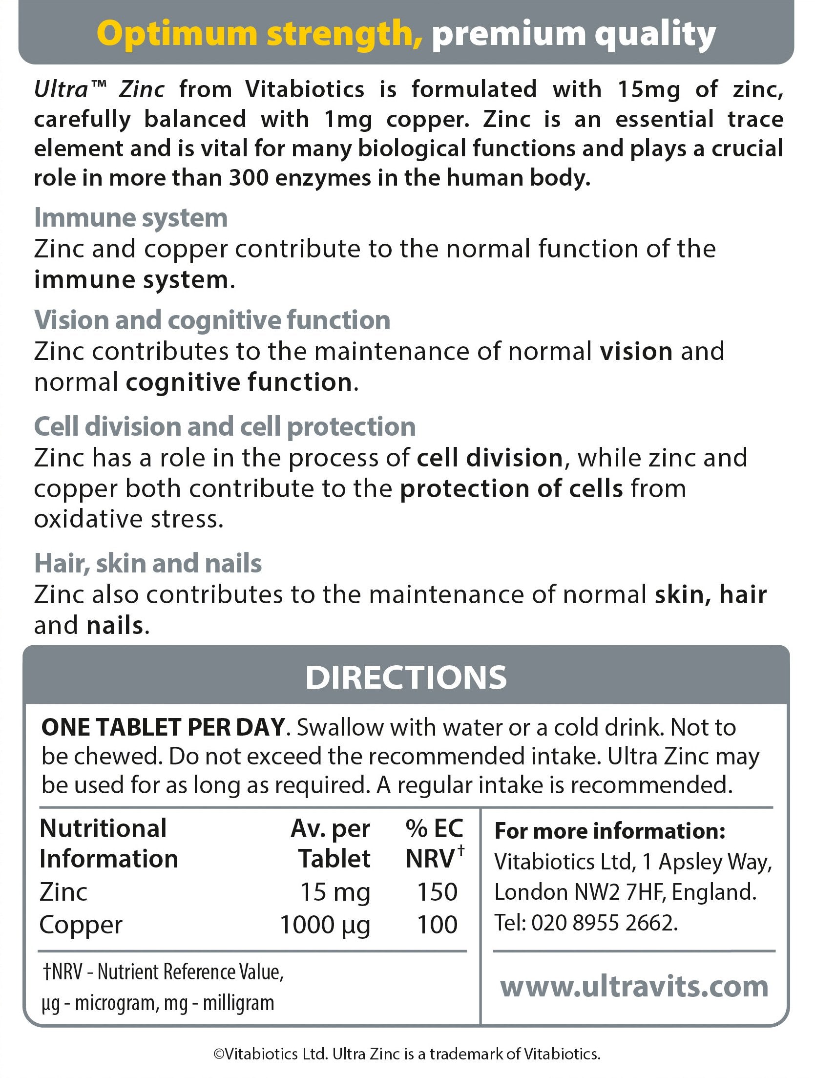 Vitabiotics ultra zinc 15mg with Copper 60 Tablets by Ultra