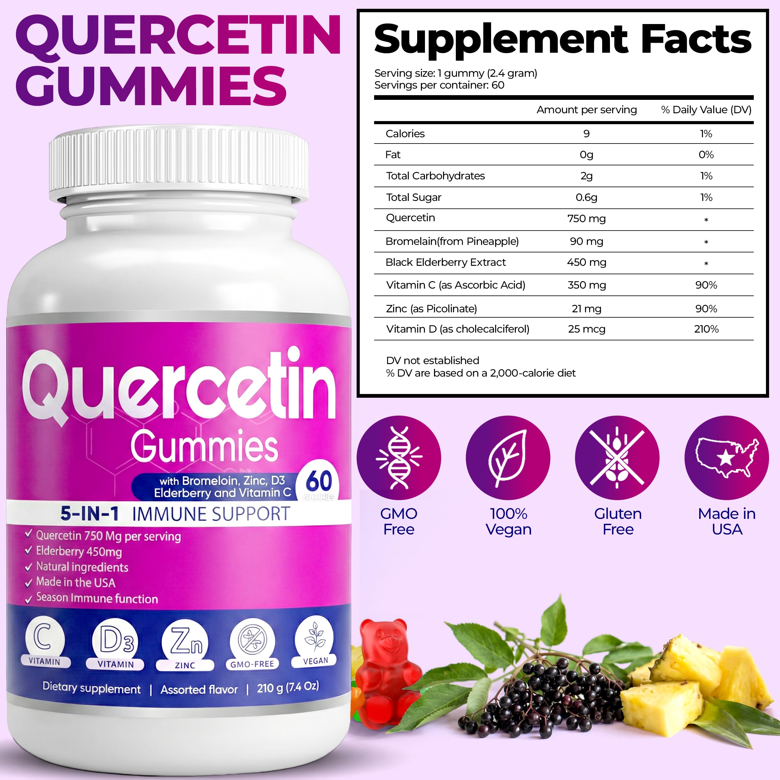Quercetin Gummies by BioVitalica - Quercetin with Bromelain Vitamin C and Zinc & Elderberry + Vitamin D3-5 in 1 Immune Support - Zinc Quercetin 750 mg for Kids and Adult (6, Quercetin)