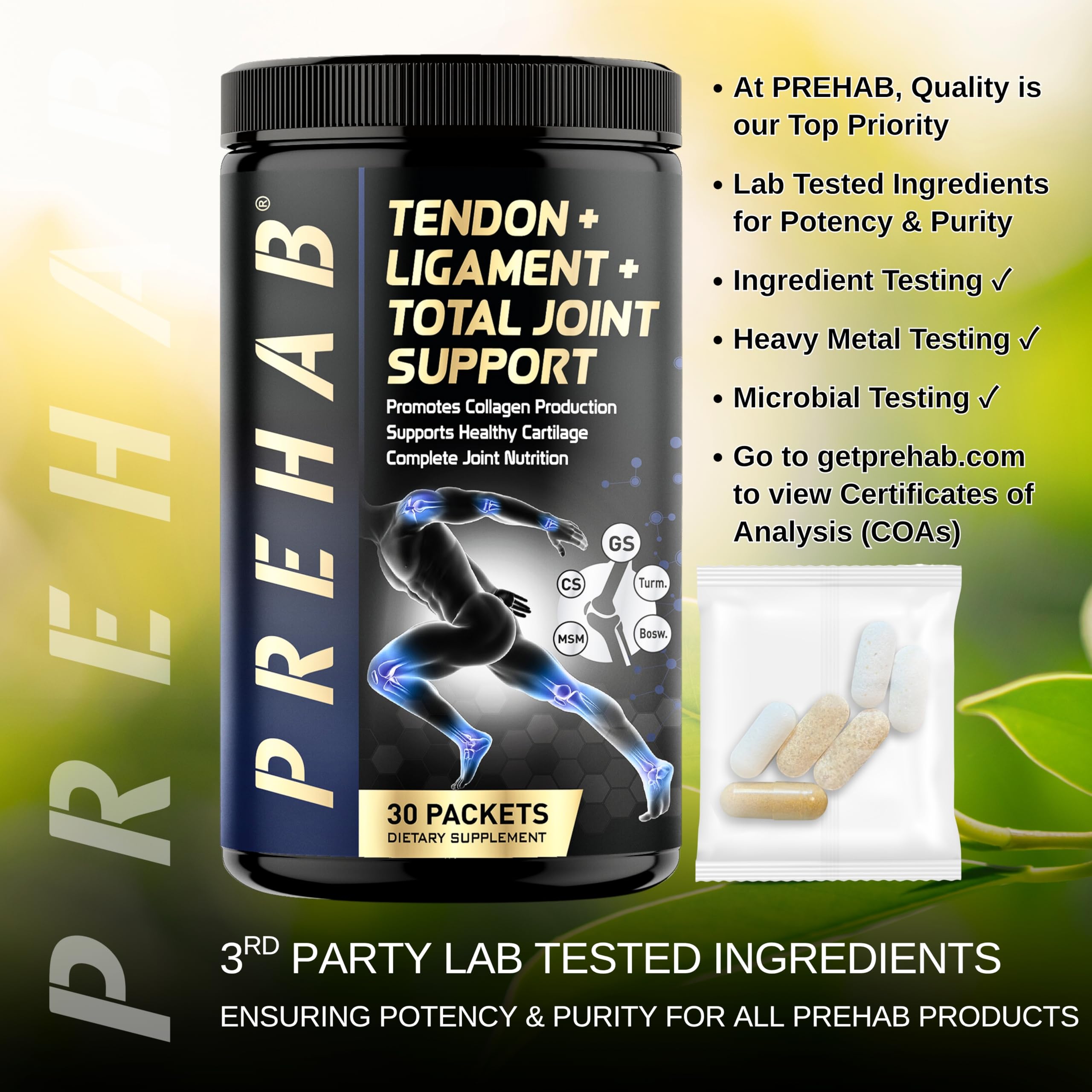 PREHAB Tendon + Ligament + Total Joint Support | #1 Joint Supplement for Athletes | 40 Ingredient Super Complex | Glucosamine Chondroitin MSM Turmeric | Premium Tendon Ligament Joint Supplement
