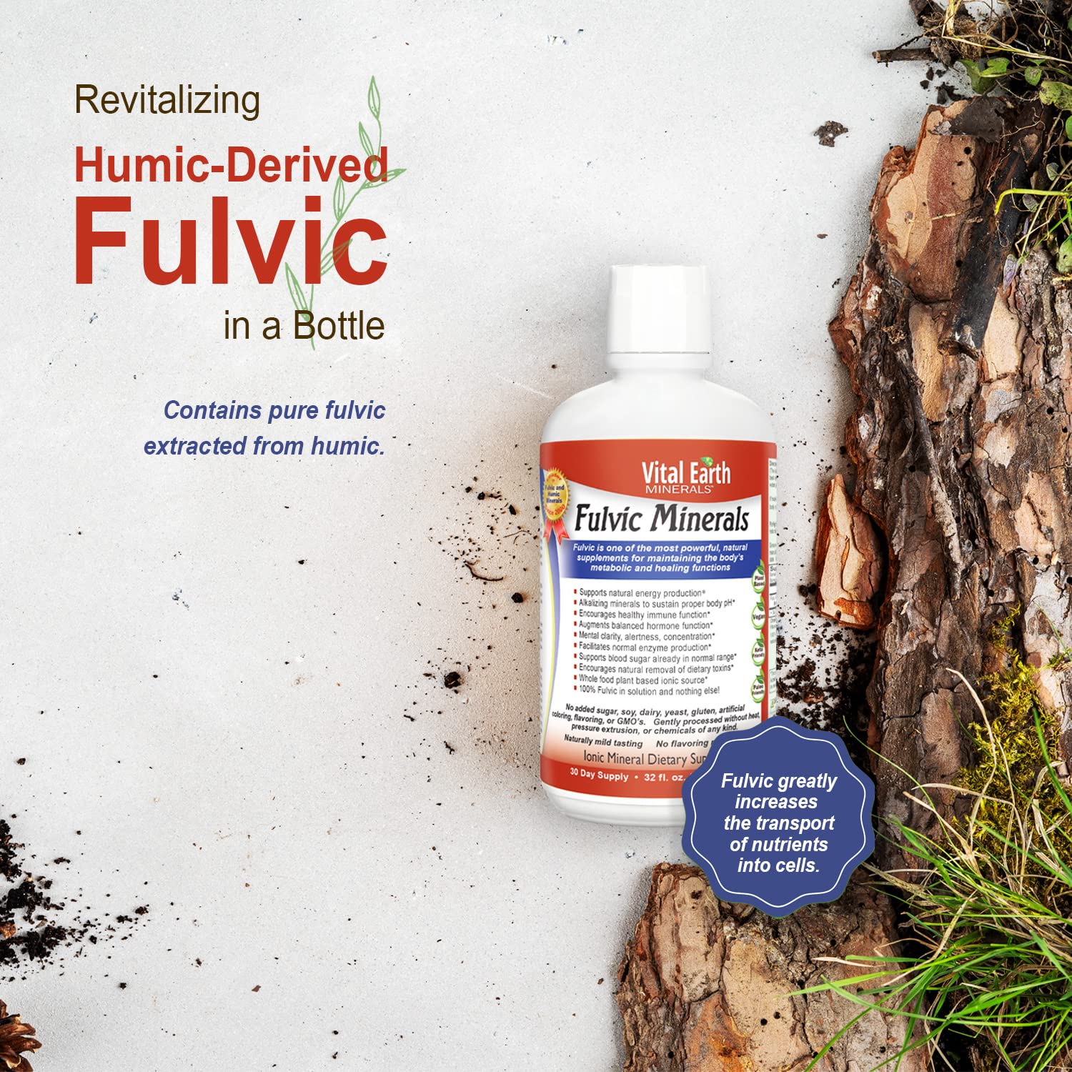 Vital Earth Minerals Fulvic Minerals Liquid – Fulvic Acid Supplement with 70+ Trace Minerals, Electrolytes for Energy & Vitality, 32 Oz Ea + 1 Oz Cup