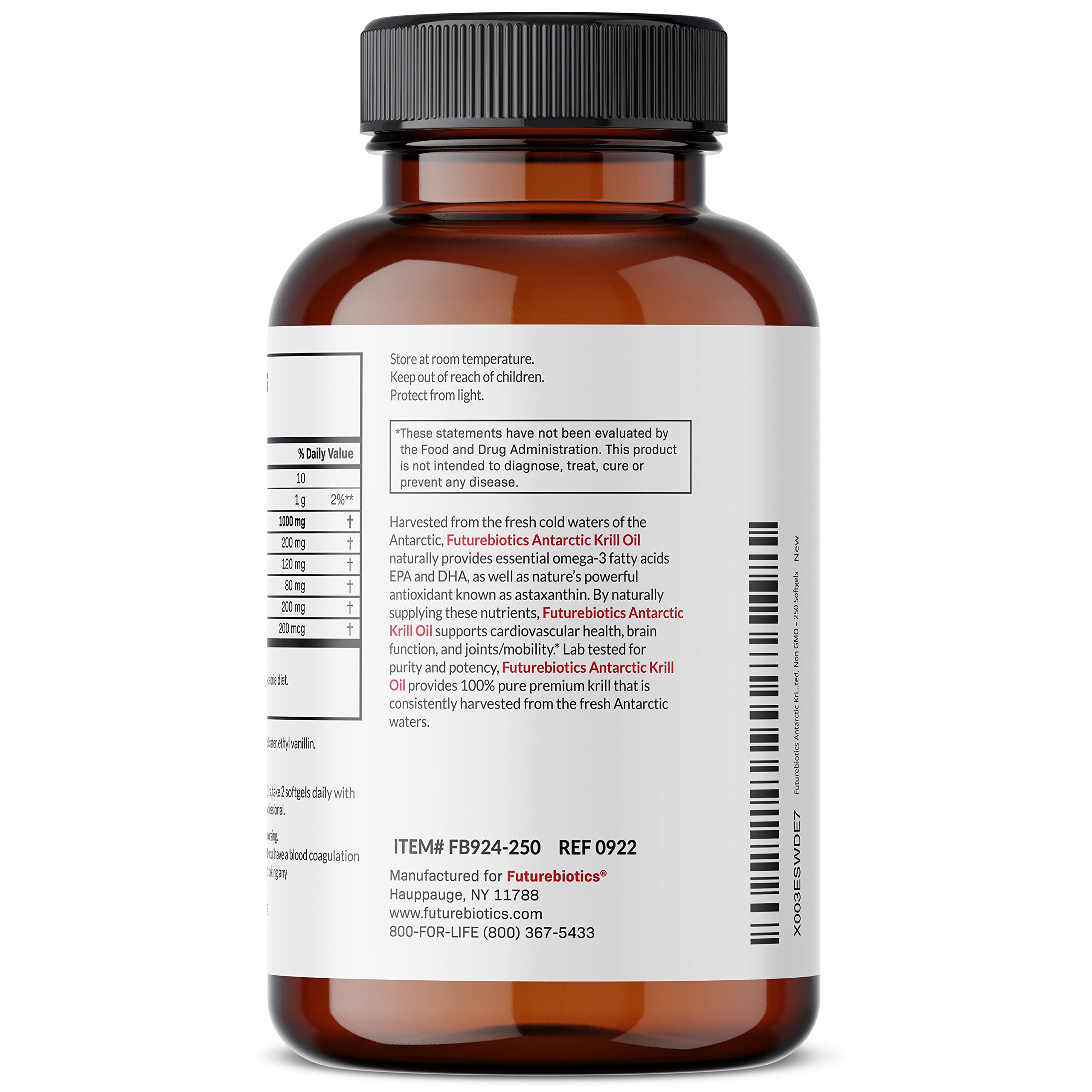 Futurebiotics Antarctic Krill Oil 1000mg with Omega-3s EPA, DHA, Astaxanthin and Phospholipids - 100% Pure Premium Krill Oil Heavy Metal Tested, Non GMO – 250 Softgels (125 Servings)
