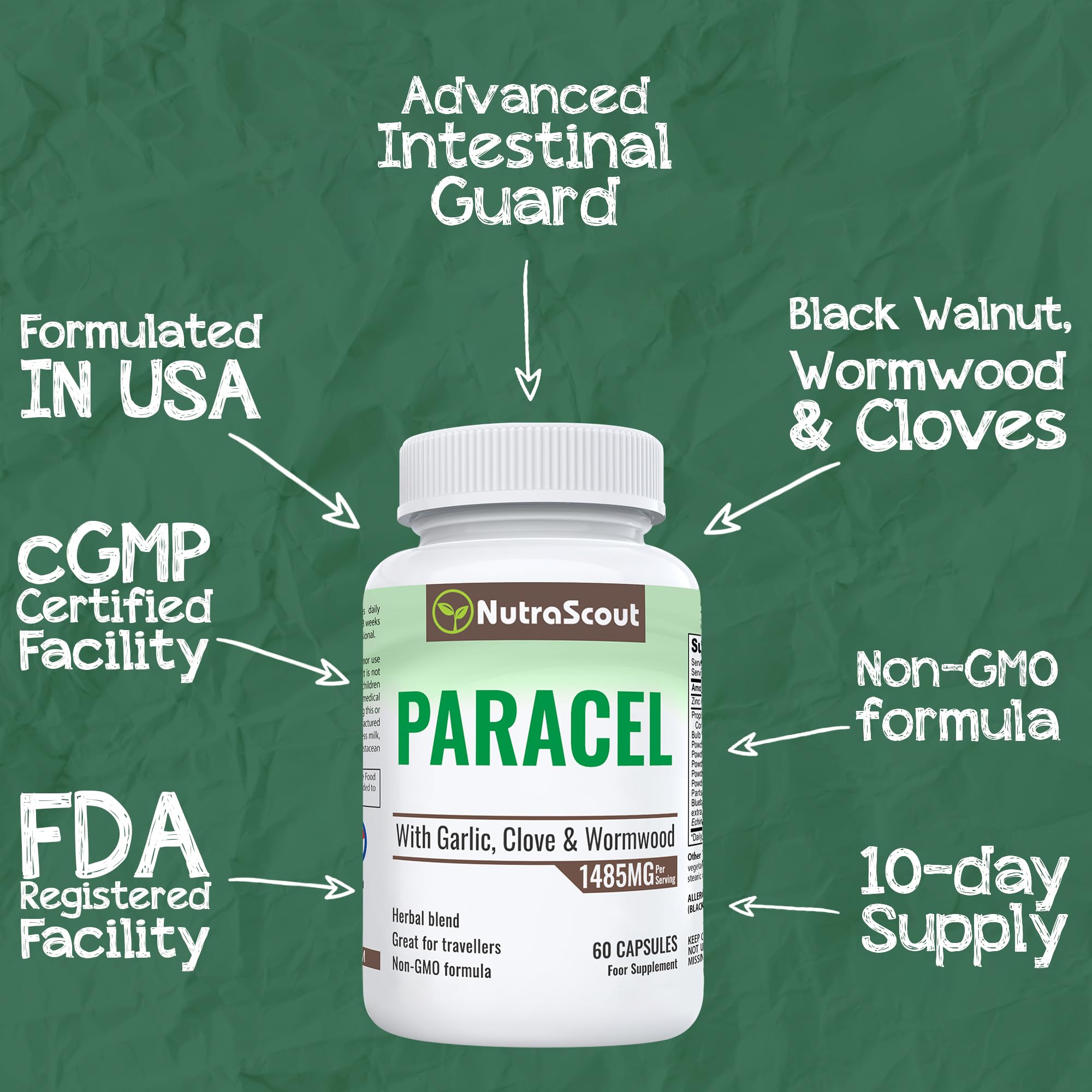 NutraScout Paracel Intestinal Guard | Intestinal Cleanse for Humans | Wormwood, Black Walnut, Clove, Garlic & More | 60 Capsules (Non-GMO)